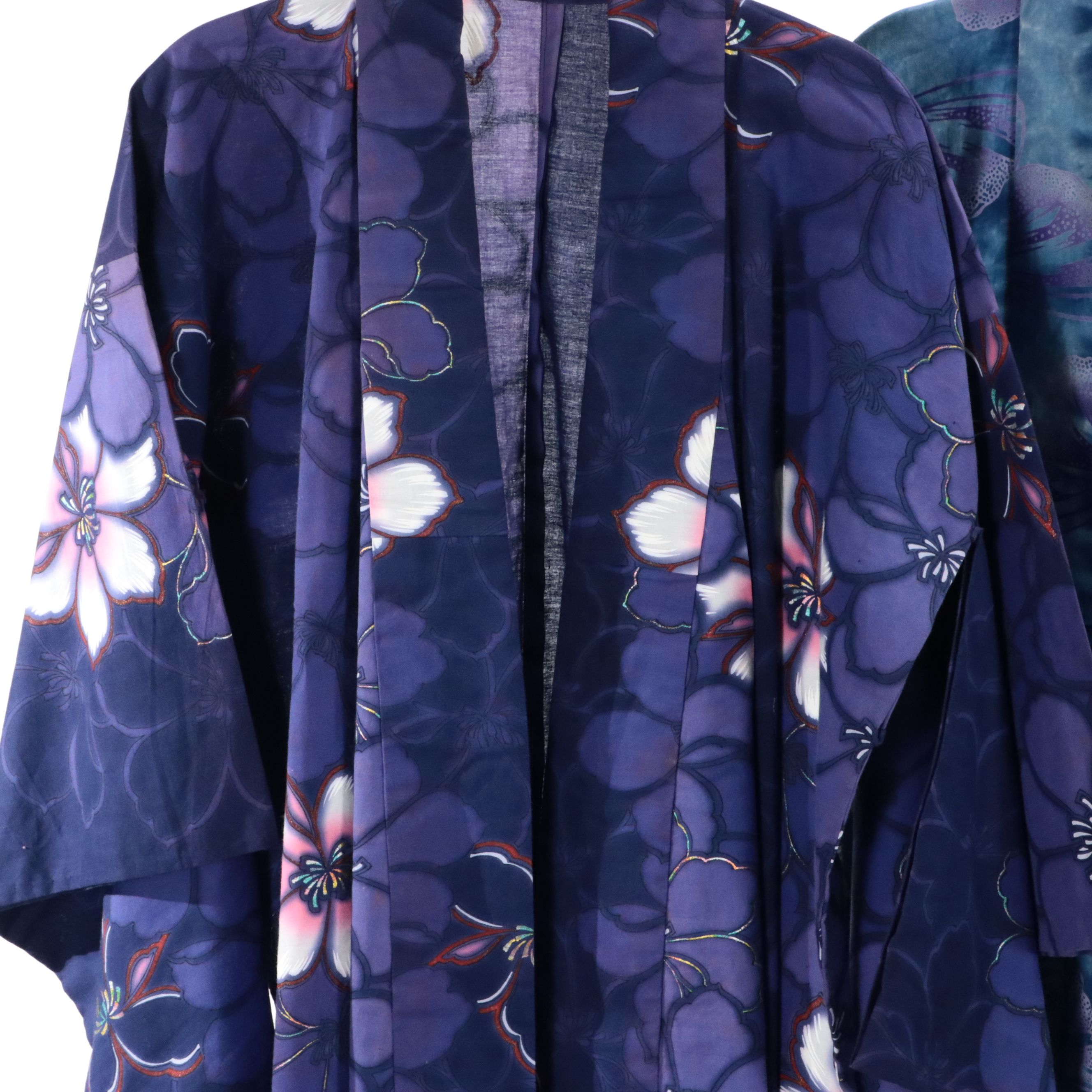 Japanese Yukata Kimonos in Black Bara, Tie-Dye Butterfly & Purple Floral Cotton