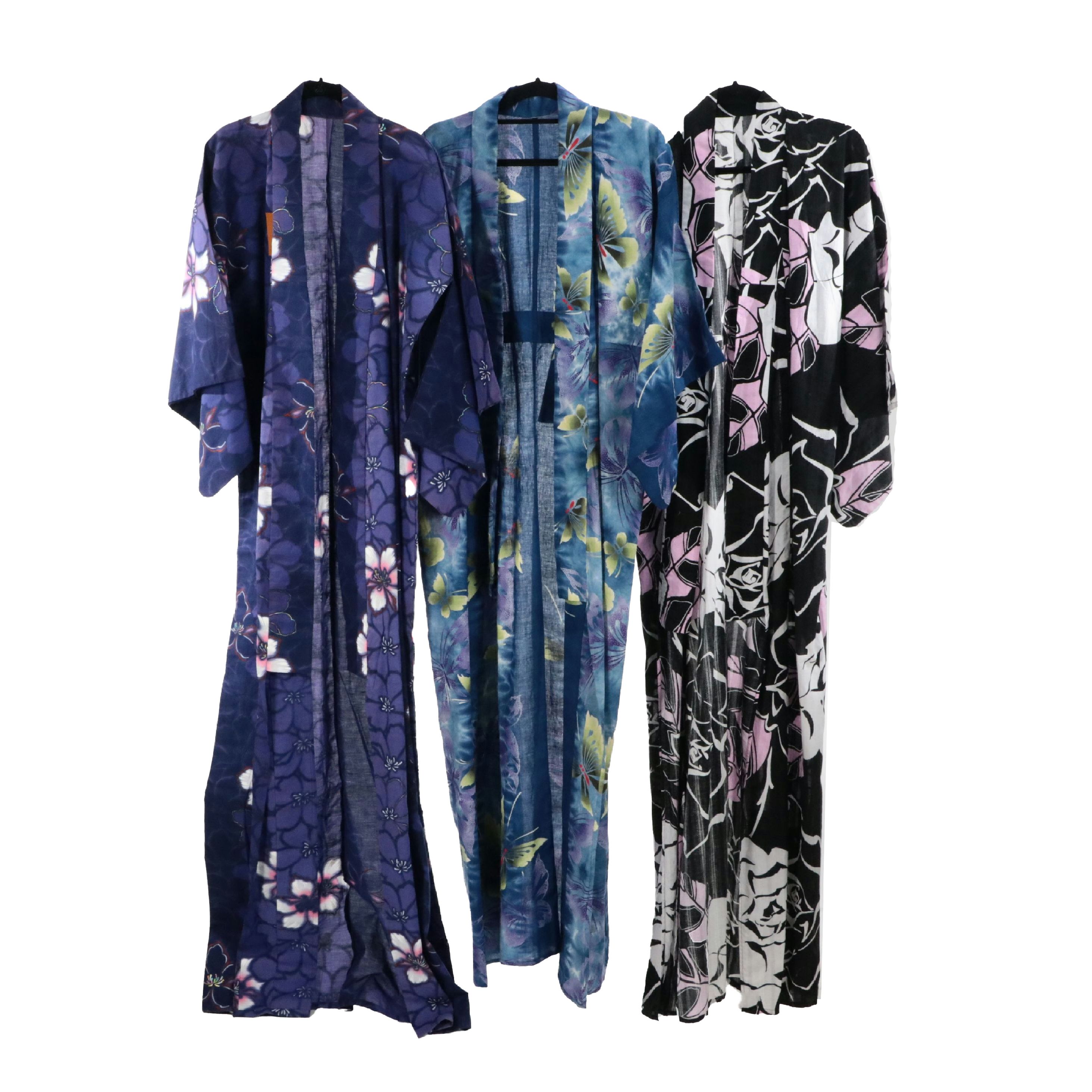 Japanese Yukata Kimonos in Black Bara, Tie-Dye Butterfly & Purple Floral Cotton