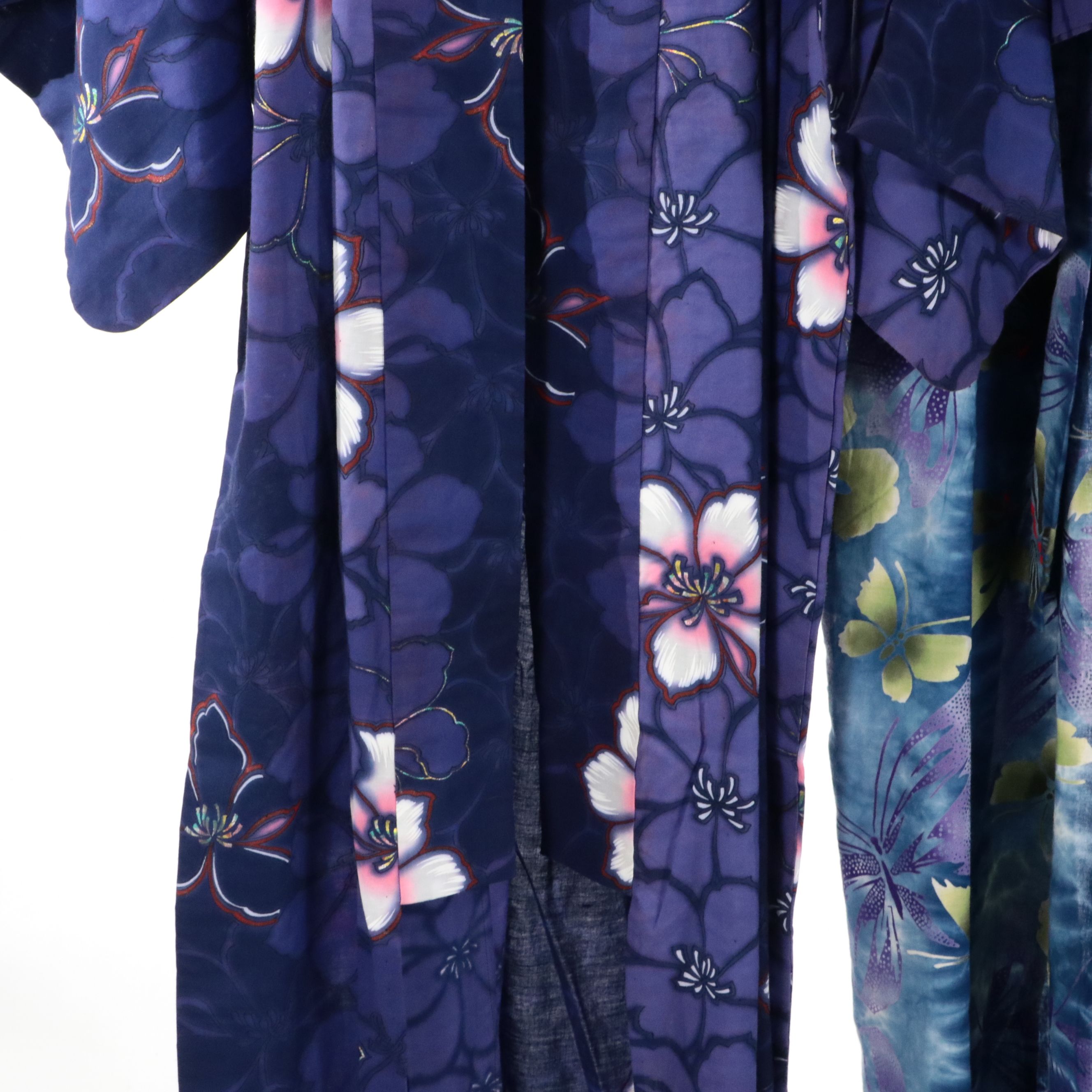 Japanese Yukata Kimonos in Black Bara, Tie-Dye Butterfly & Purple Floral Cotton