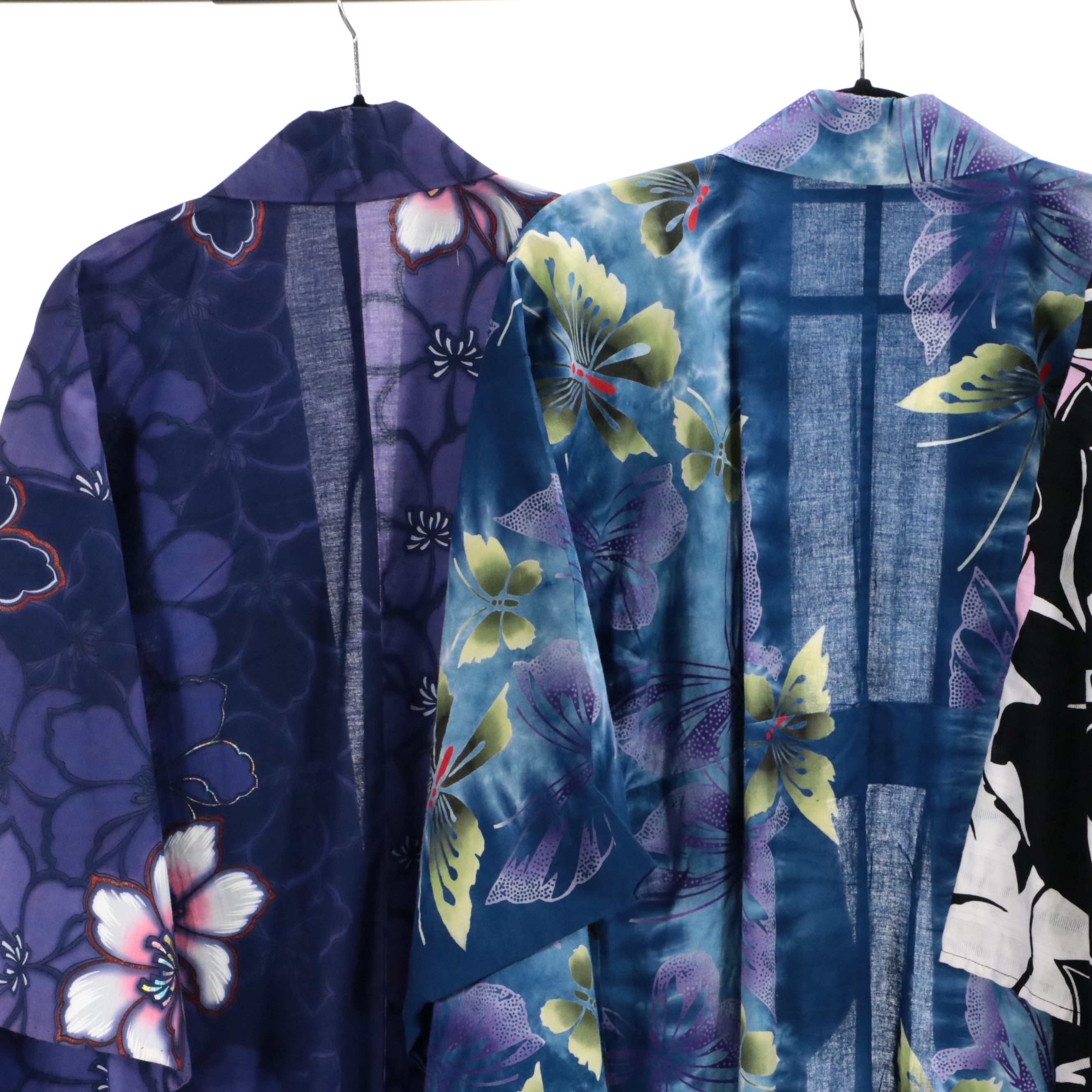 Japanese Yukata Kimonos in Black Bara, Tie-Dye Butterfly & Purple Floral Cotton