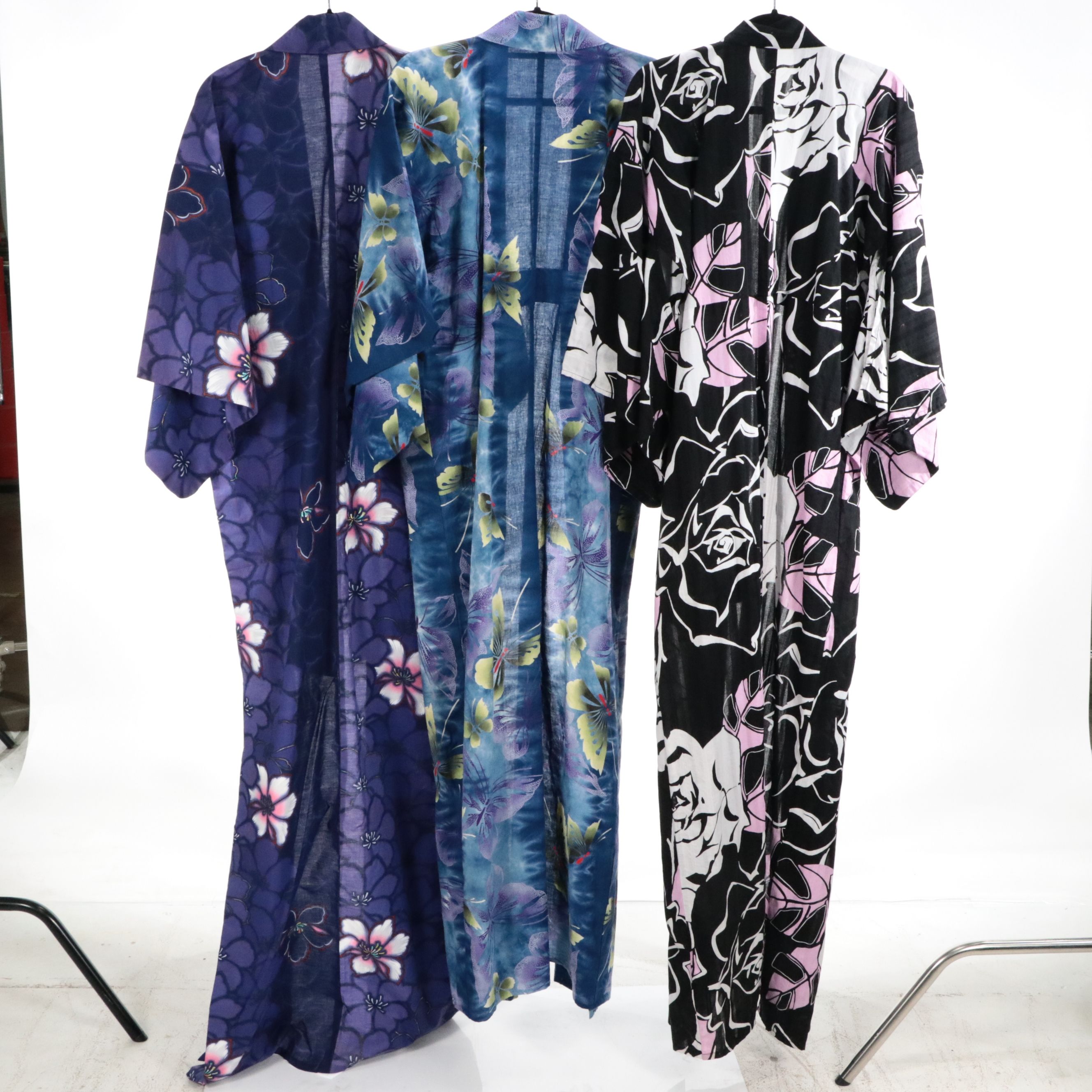 Japanese Yukata Kimonos in Black Bara, Tie-Dye Butterfly & Purple Floral Cotton