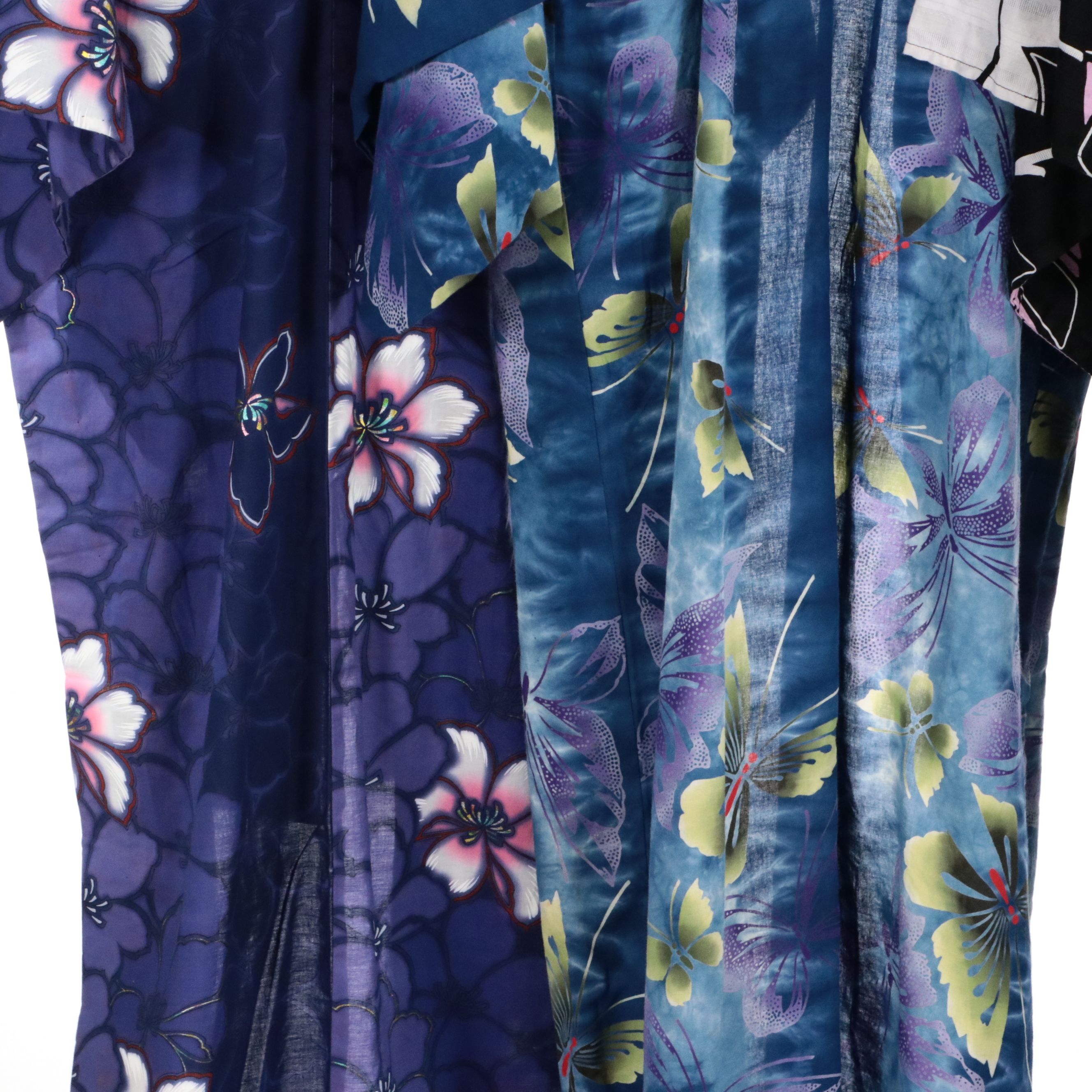 Japanese Yukata Kimonos in Black Bara, Tie-Dye Butterfly & Purple Floral Cotton