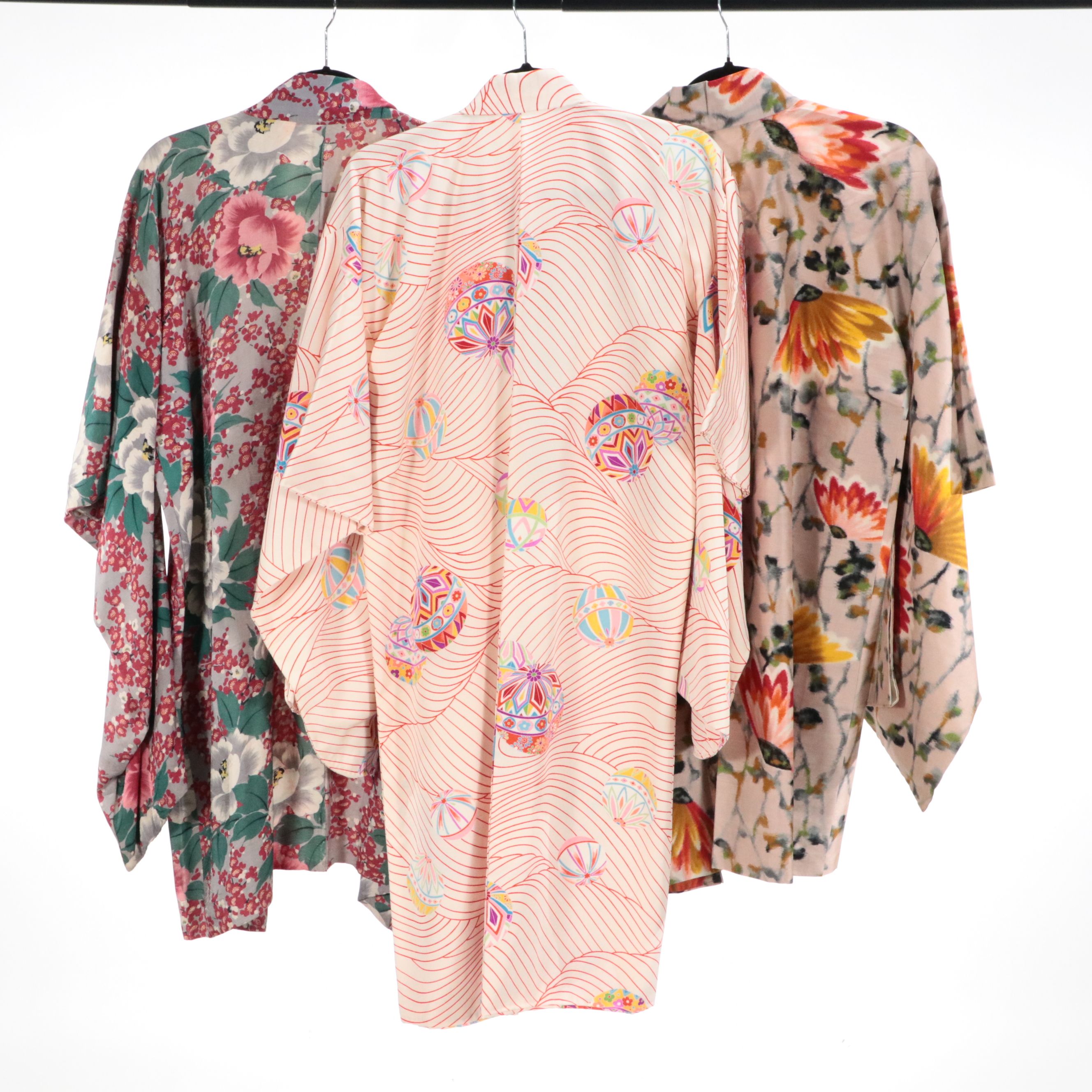 Japanese Haori Jackets in Kusudama & Kiku Printed Silk and Cherry Blossom Cotton