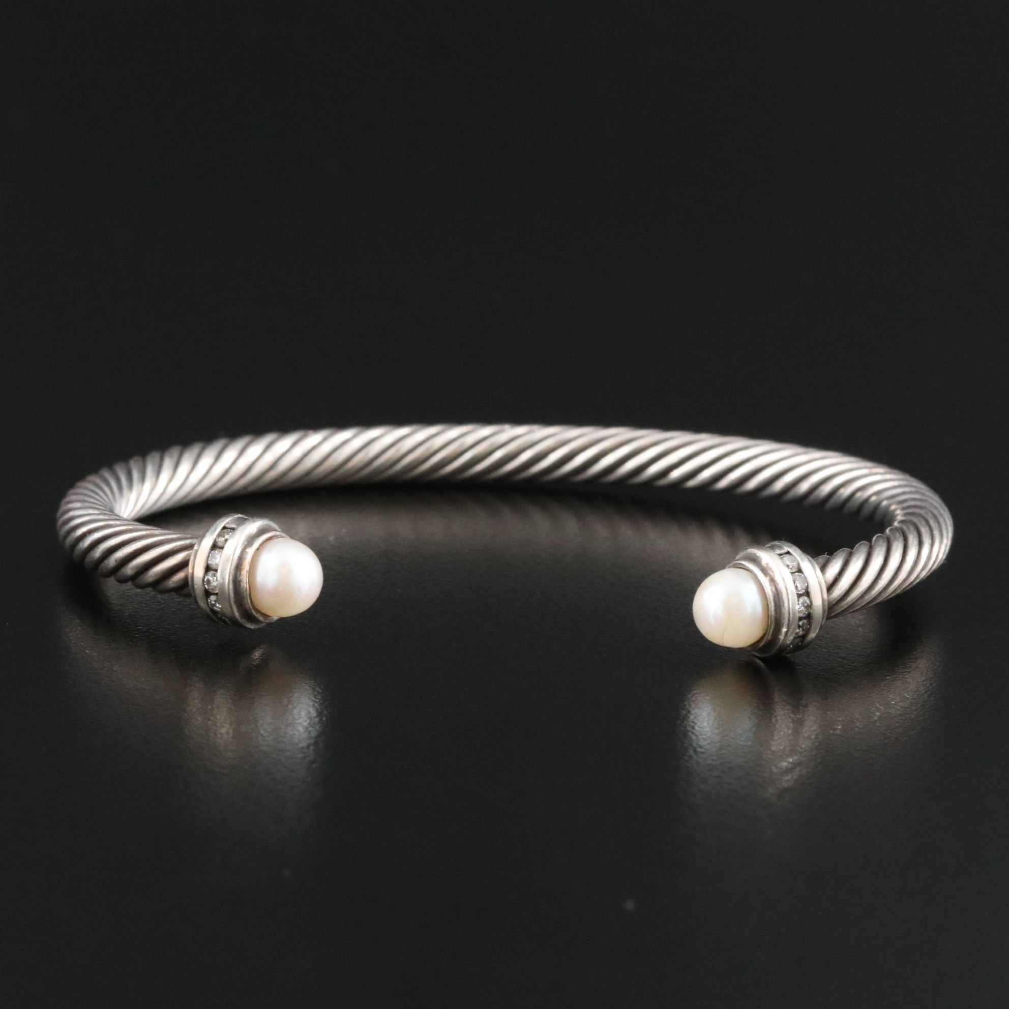 David Yurman Sterling Pearl and Diamond Cable Cuff Bracelet