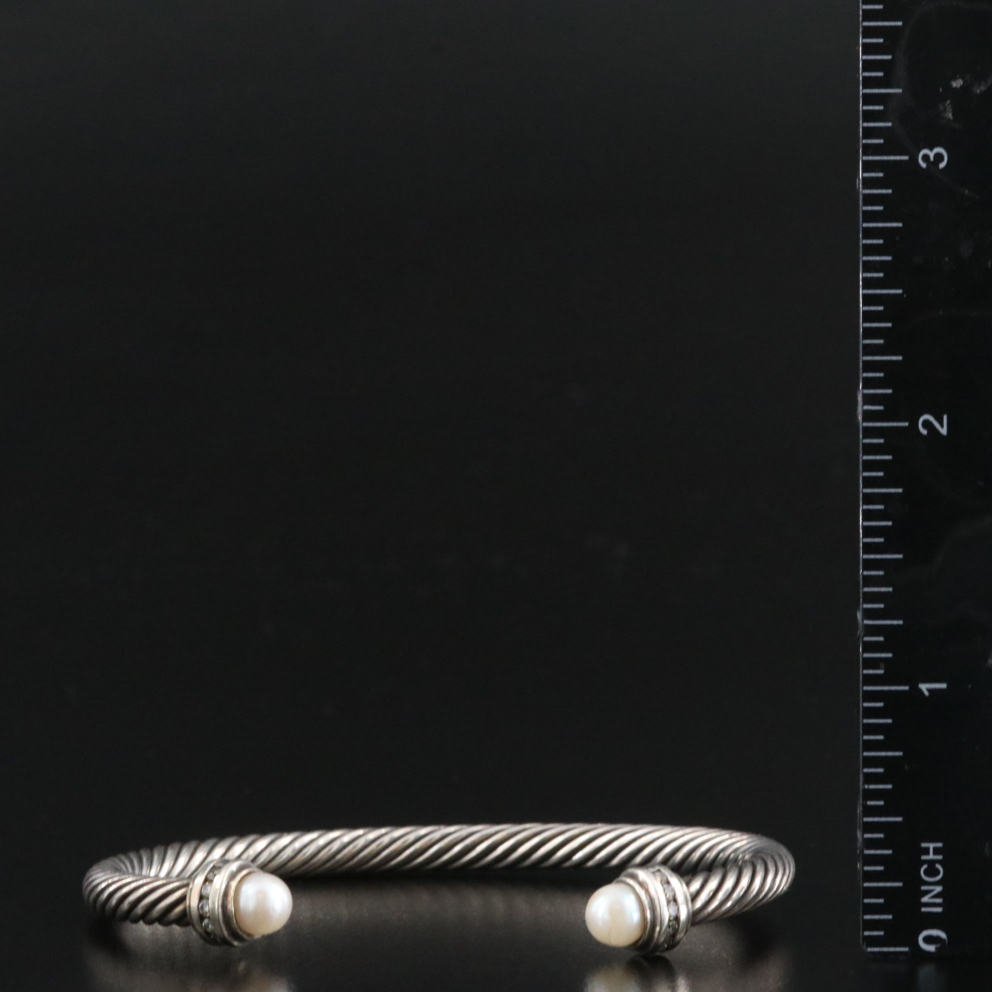 David Yurman Sterling Pearl and Diamond Cable Cuff Bracelet