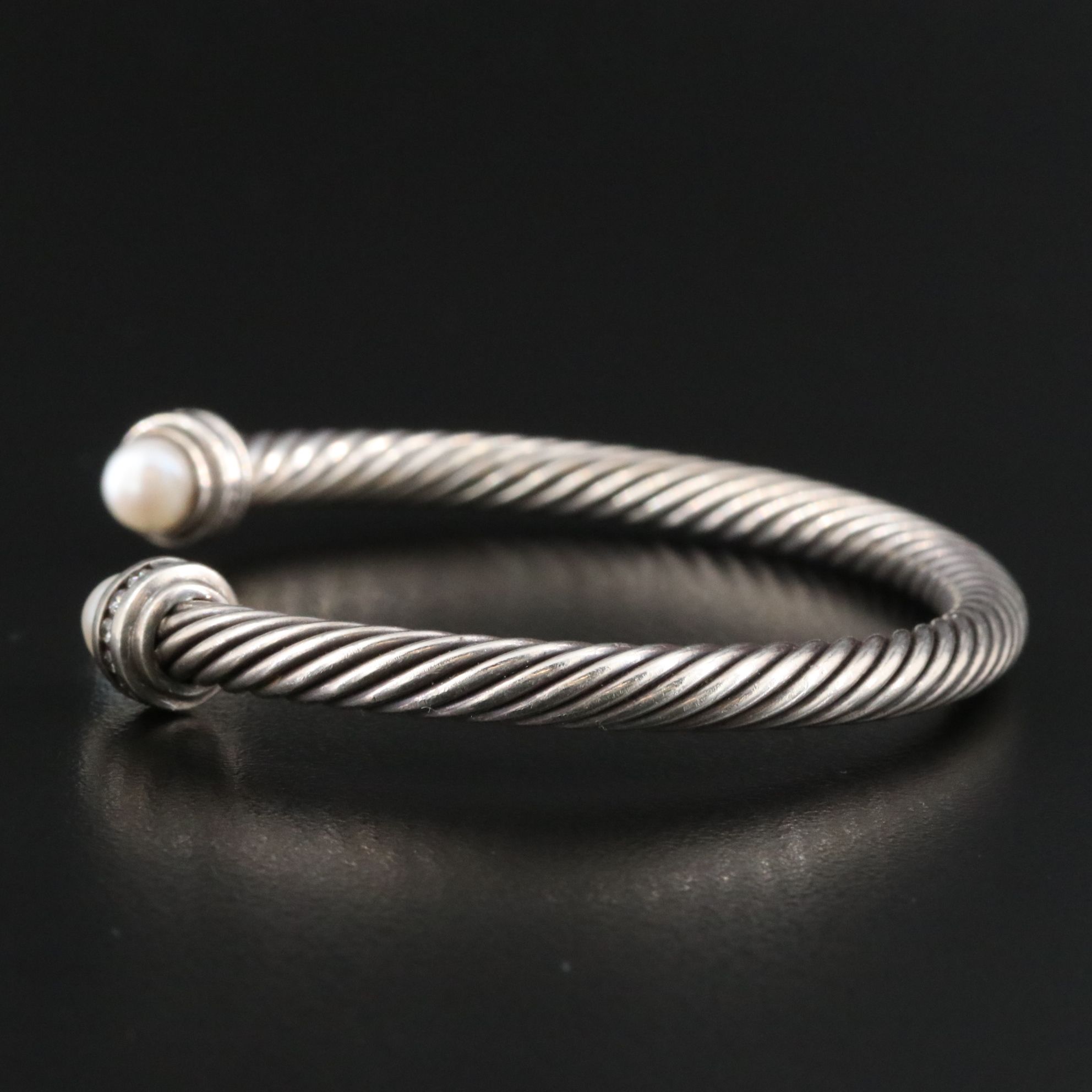 David Yurman Sterling Pearl and Diamond Cable Cuff Bracelet