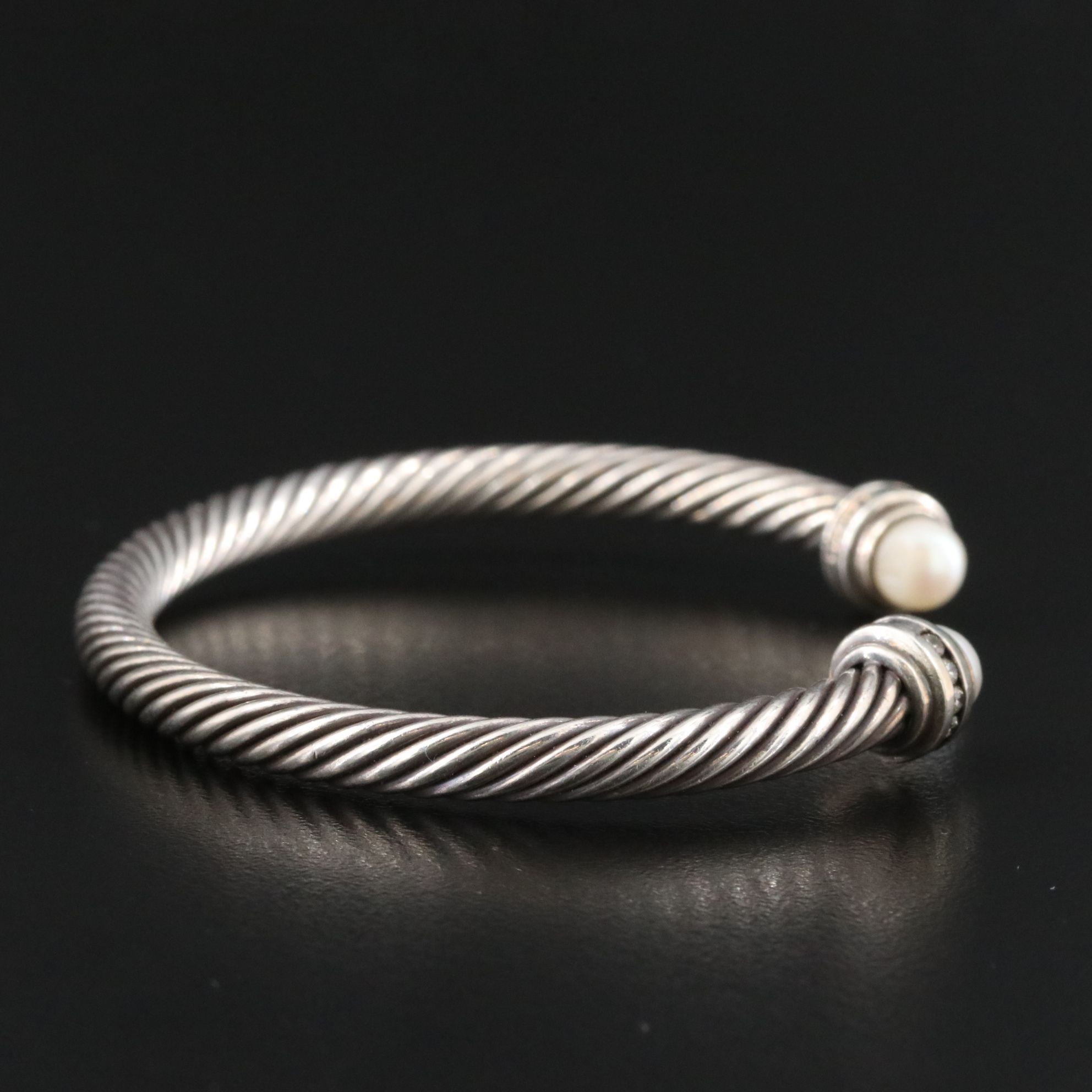David Yurman Sterling Pearl and Diamond Cable Cuff Bracelet