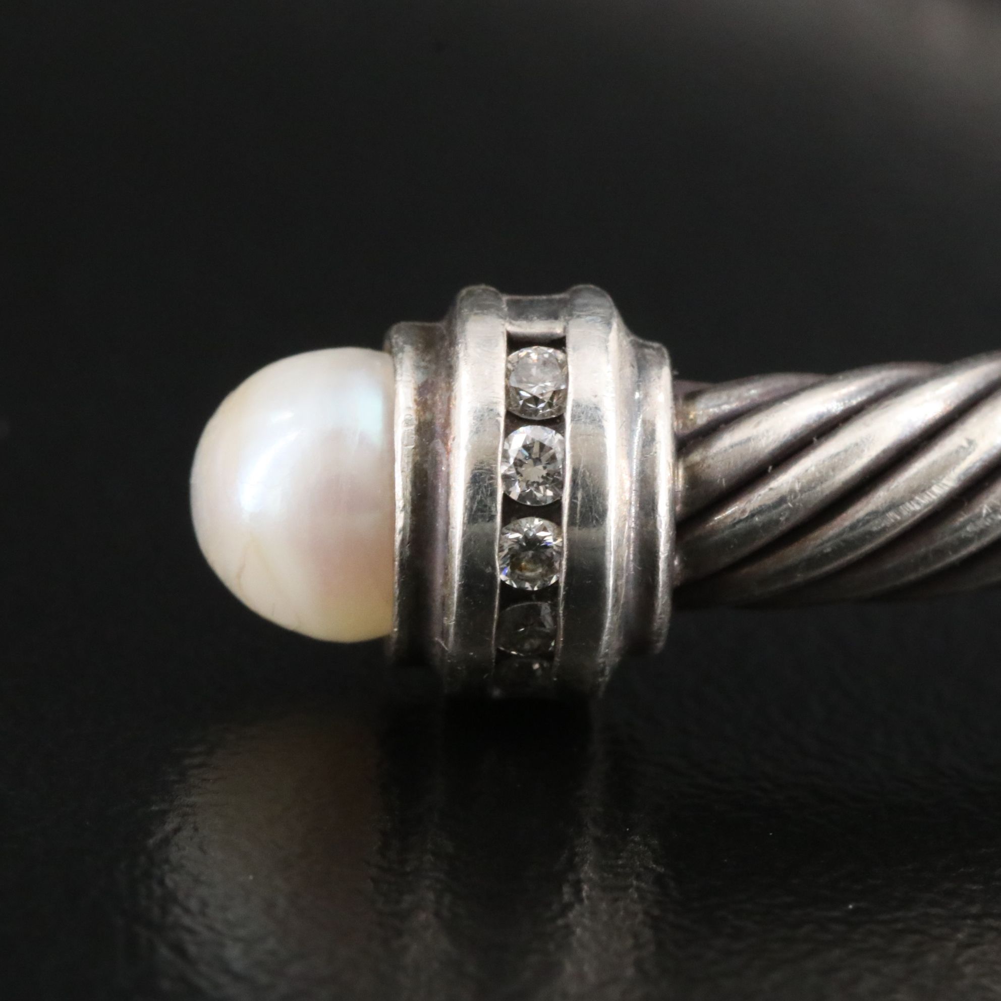 David Yurman Sterling Pearl and Diamond Cable Cuff Bracelet