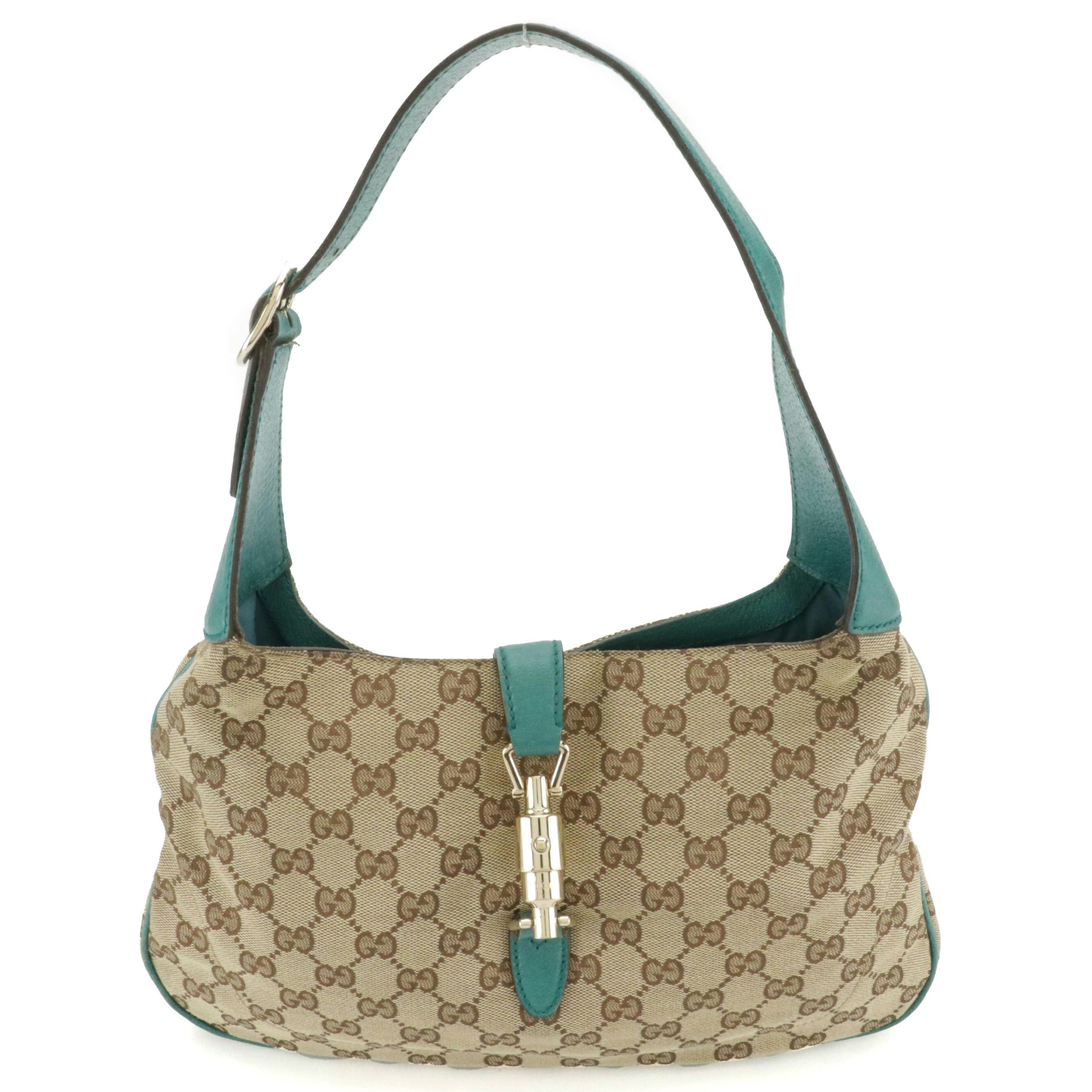 Gucci Jackie Piston Lock Shoulder Bag in GG Canvas & Teal Blue Cinghiale Leather