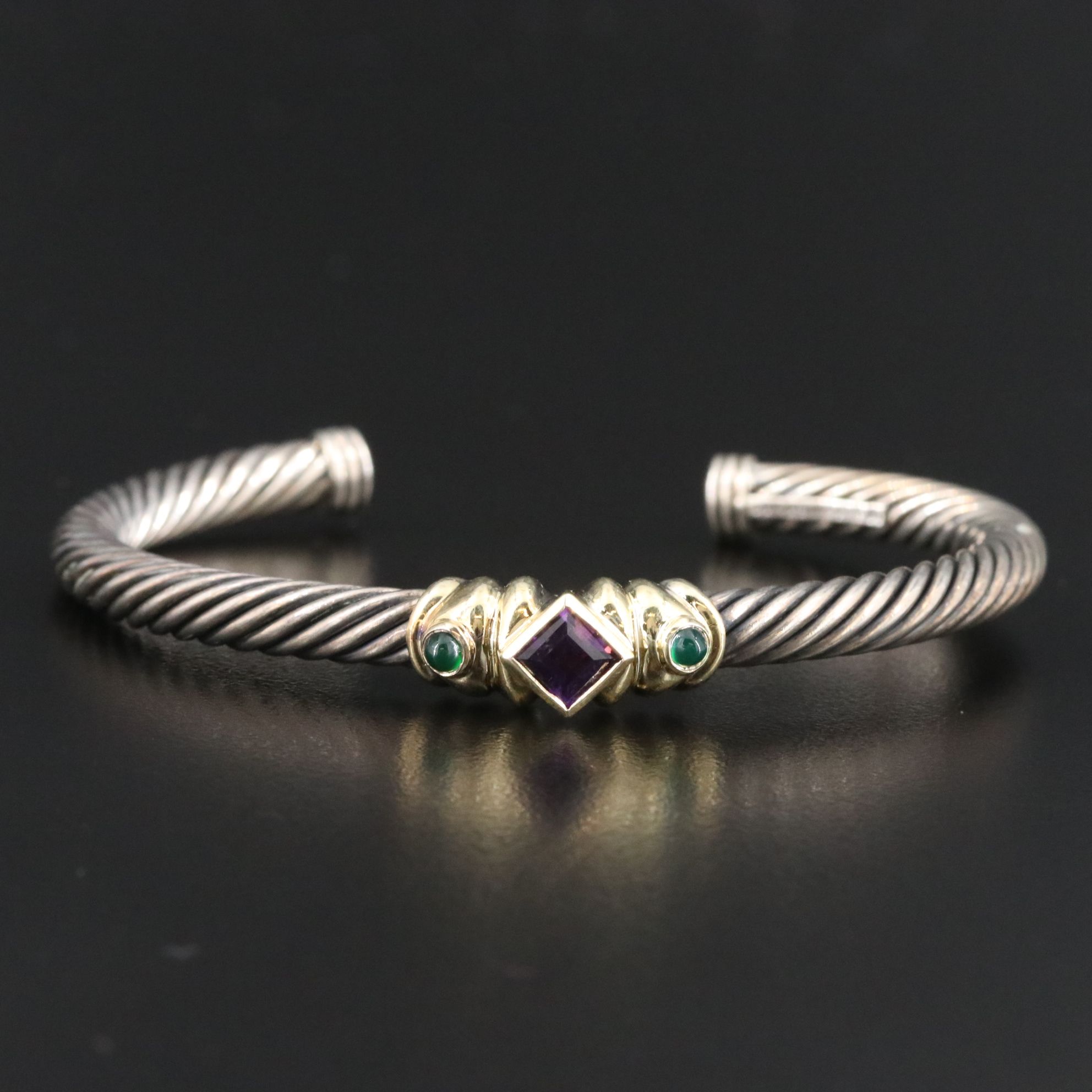 David Yurman Renaissance Sterling, 14K, Amethyst and Chalcedony Cuff Bracelet