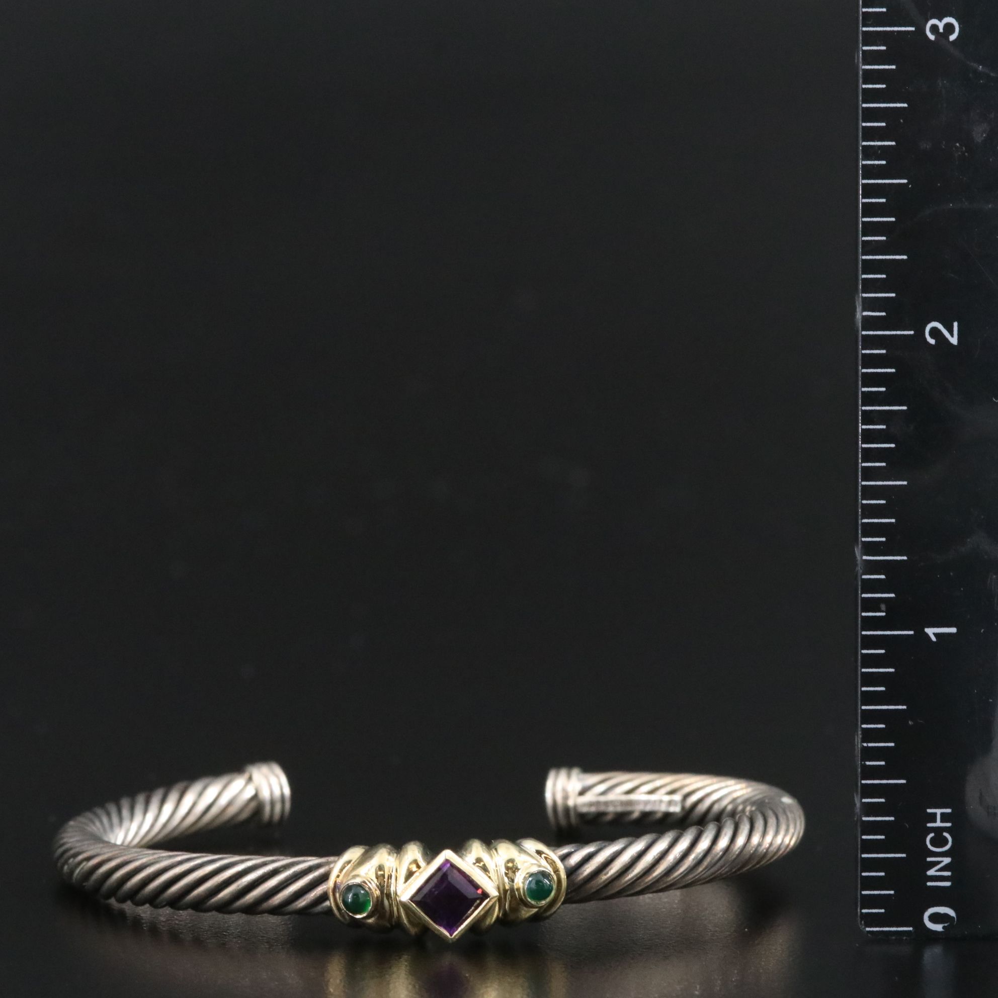 David Yurman Renaissance Sterling, 14K, Amethyst and Chalcedony Cuff Bracelet