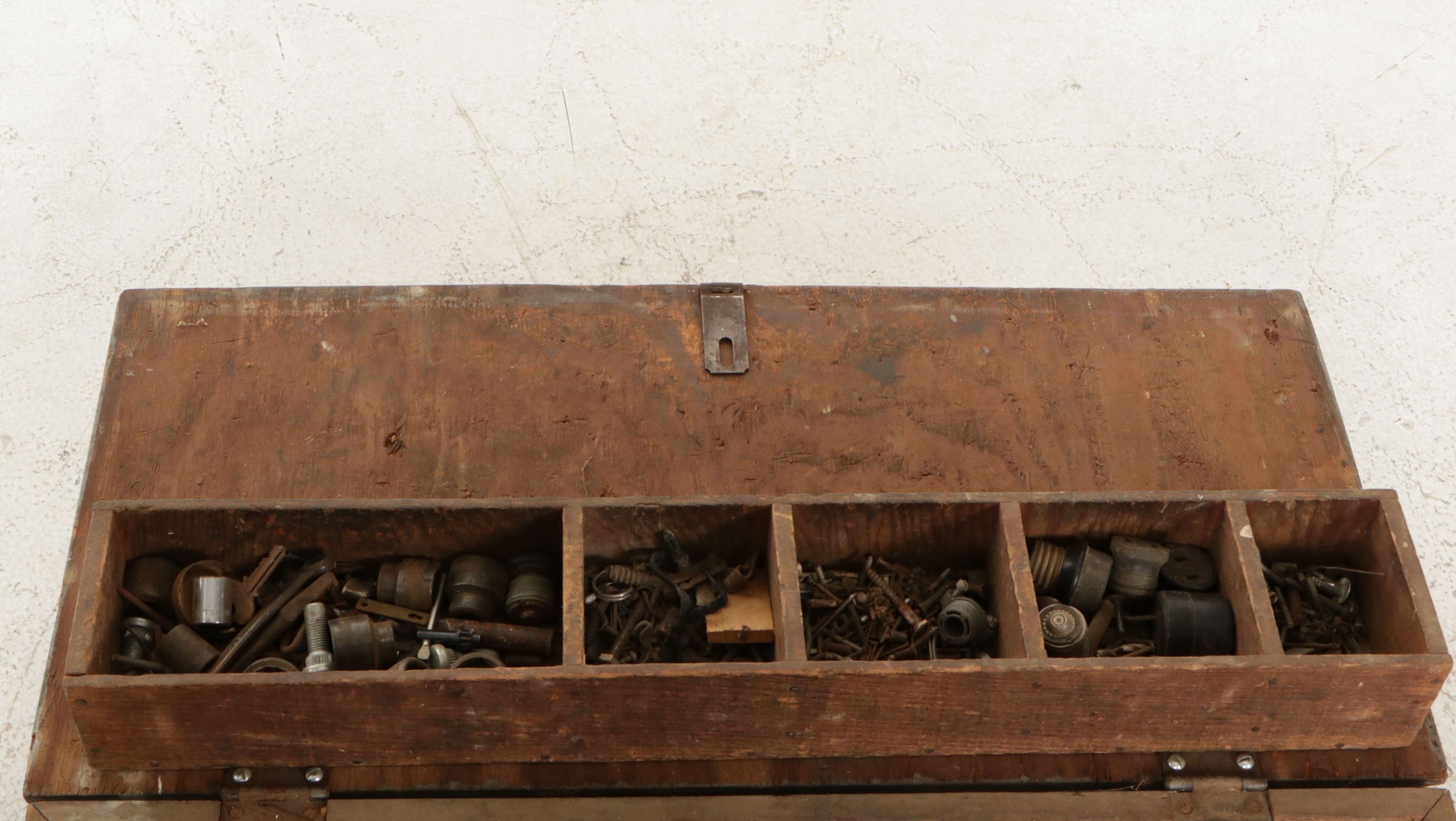 American Primitive Painted Wooden Tool Chests with Assorted Tools