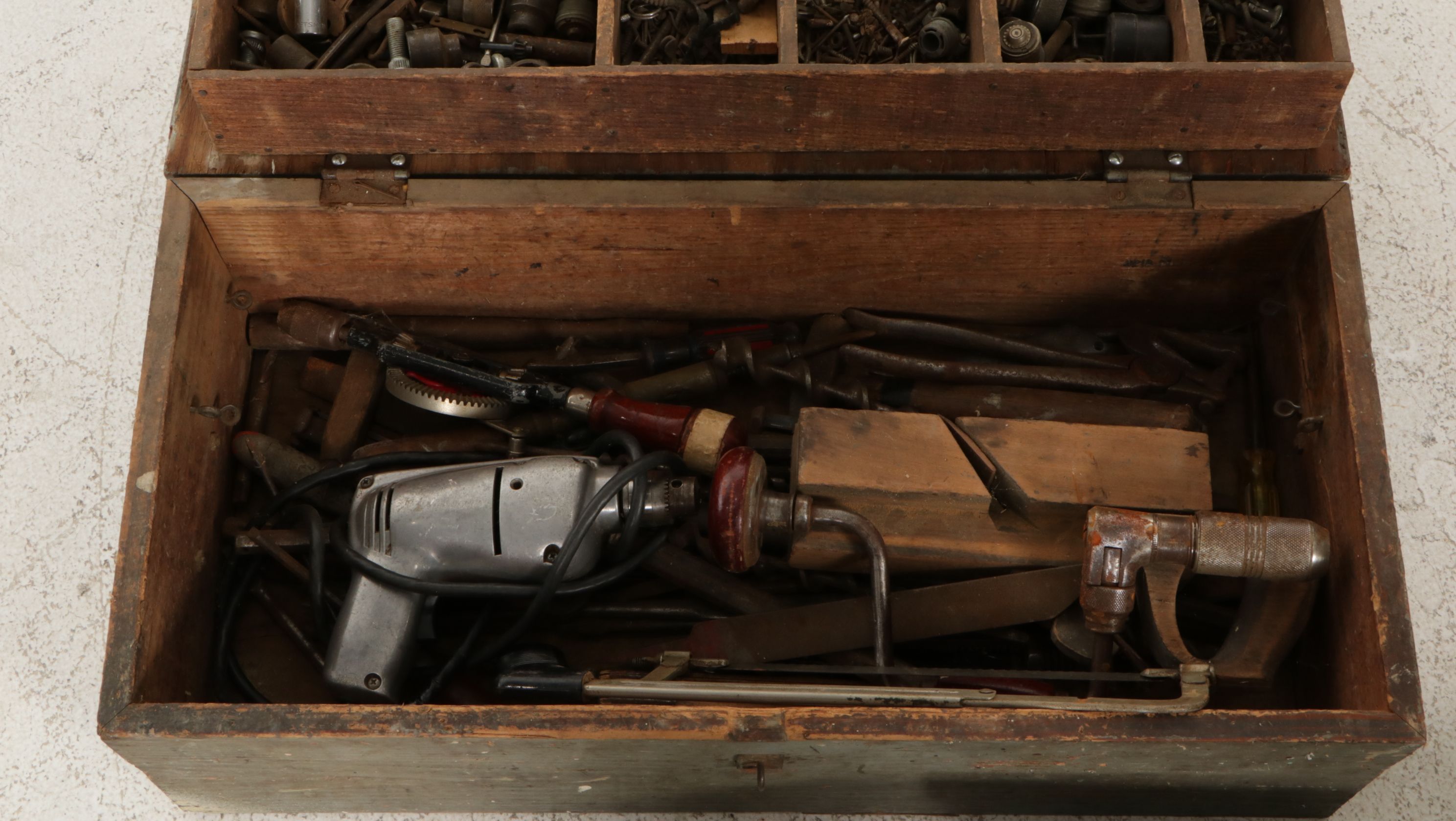 American Primitive Painted Wooden Tool Chests with Assorted Tools