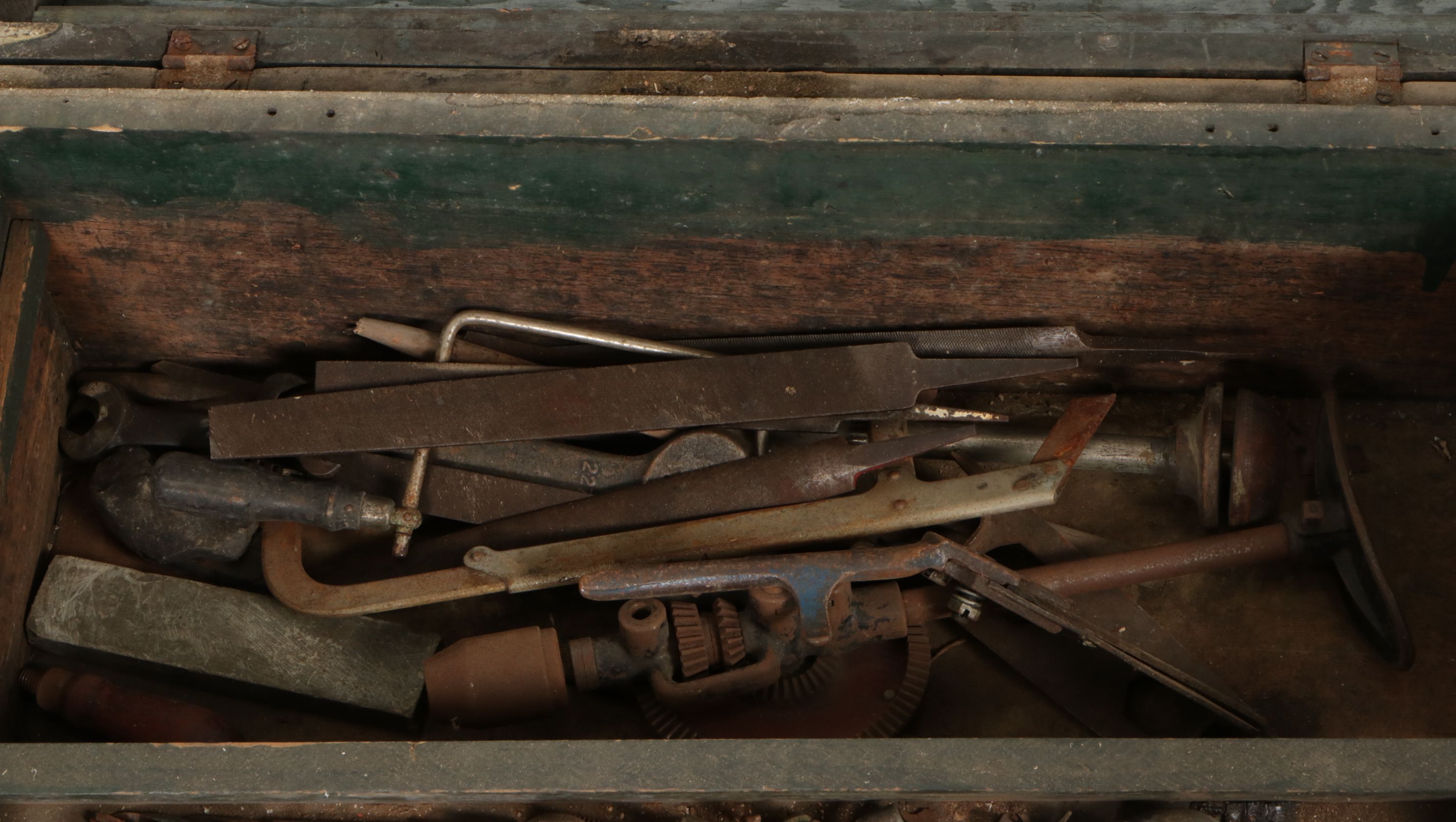 American Primitive Painted Wooden Tool Chests with Assorted Tools