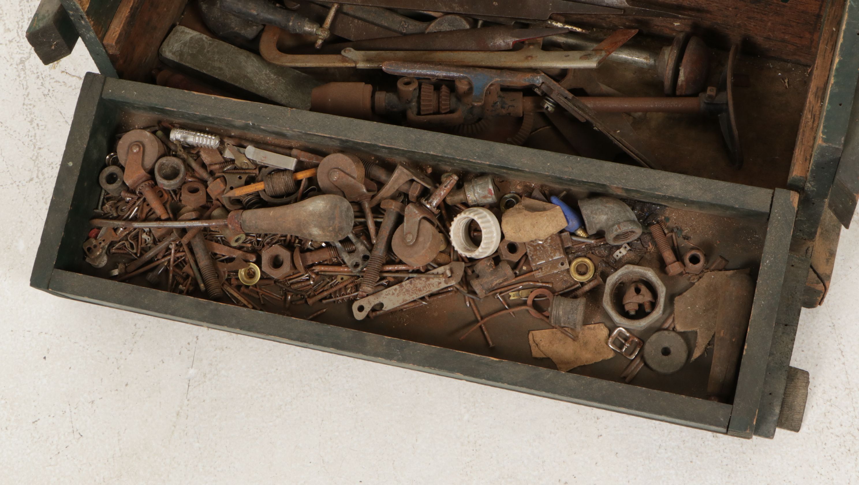 American Primitive Painted Wooden Tool Chests with Assorted Tools