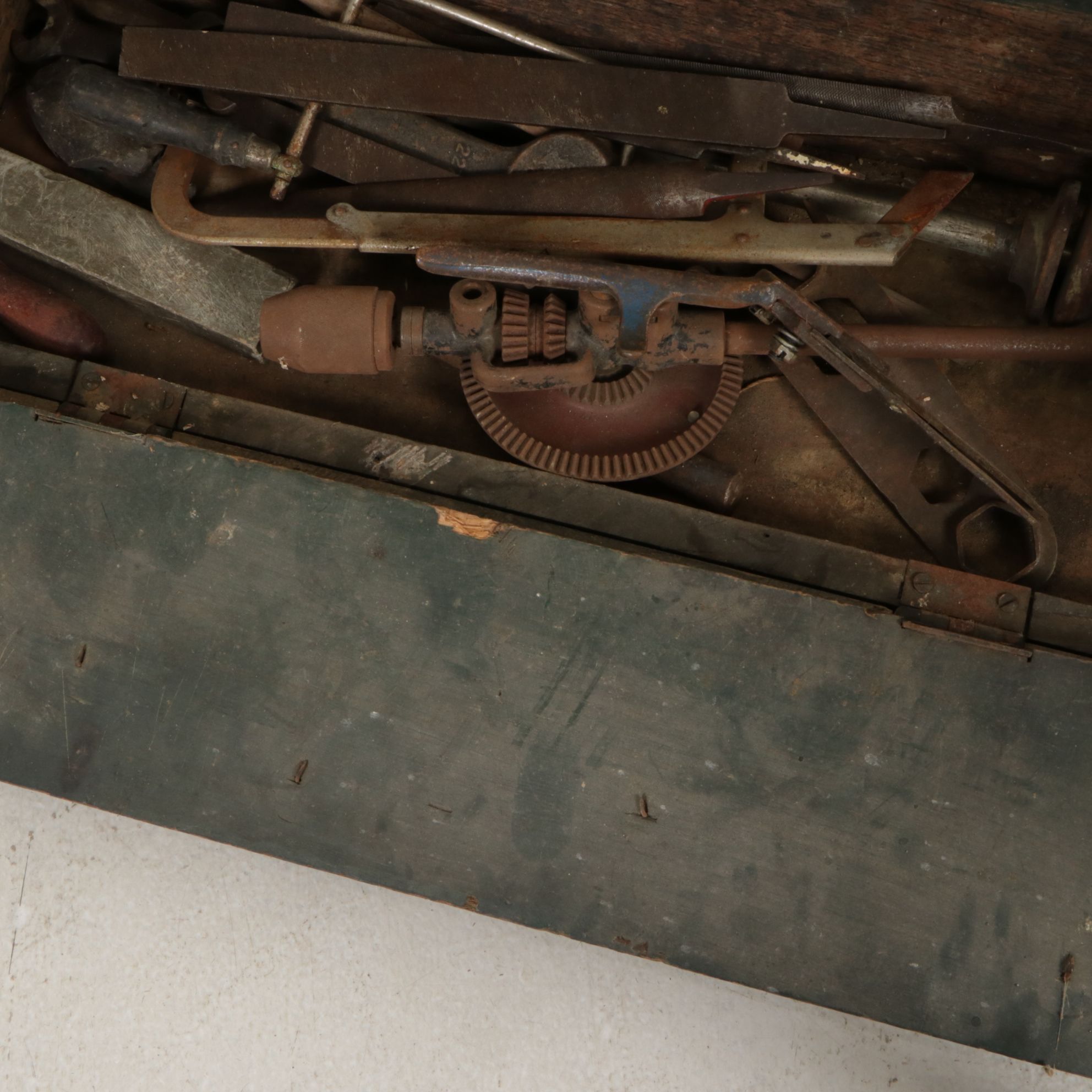 American Primitive Painted Wooden Tool Chests with Assorted Tools