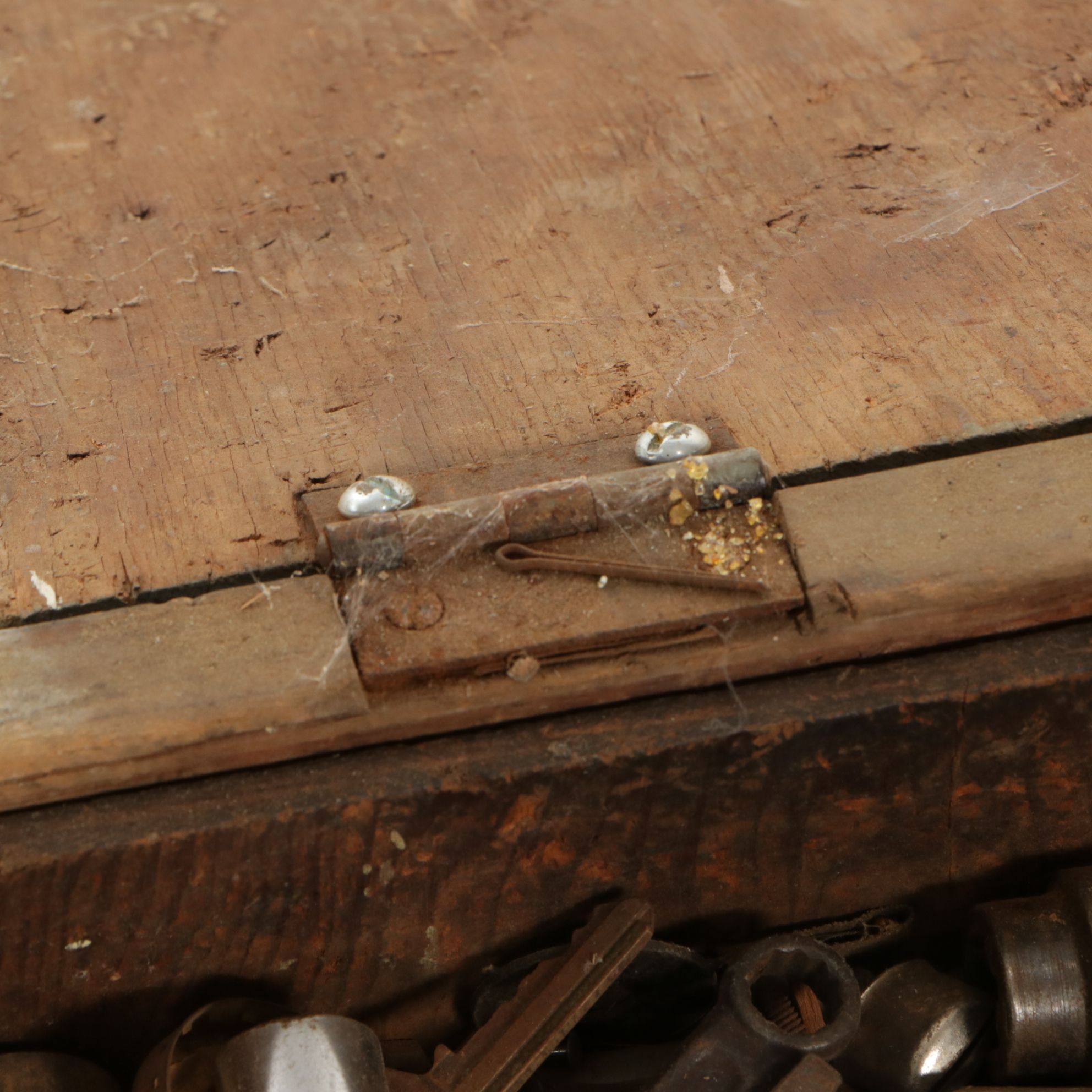 American Primitive Painted Wooden Tool Chests with Assorted Tools