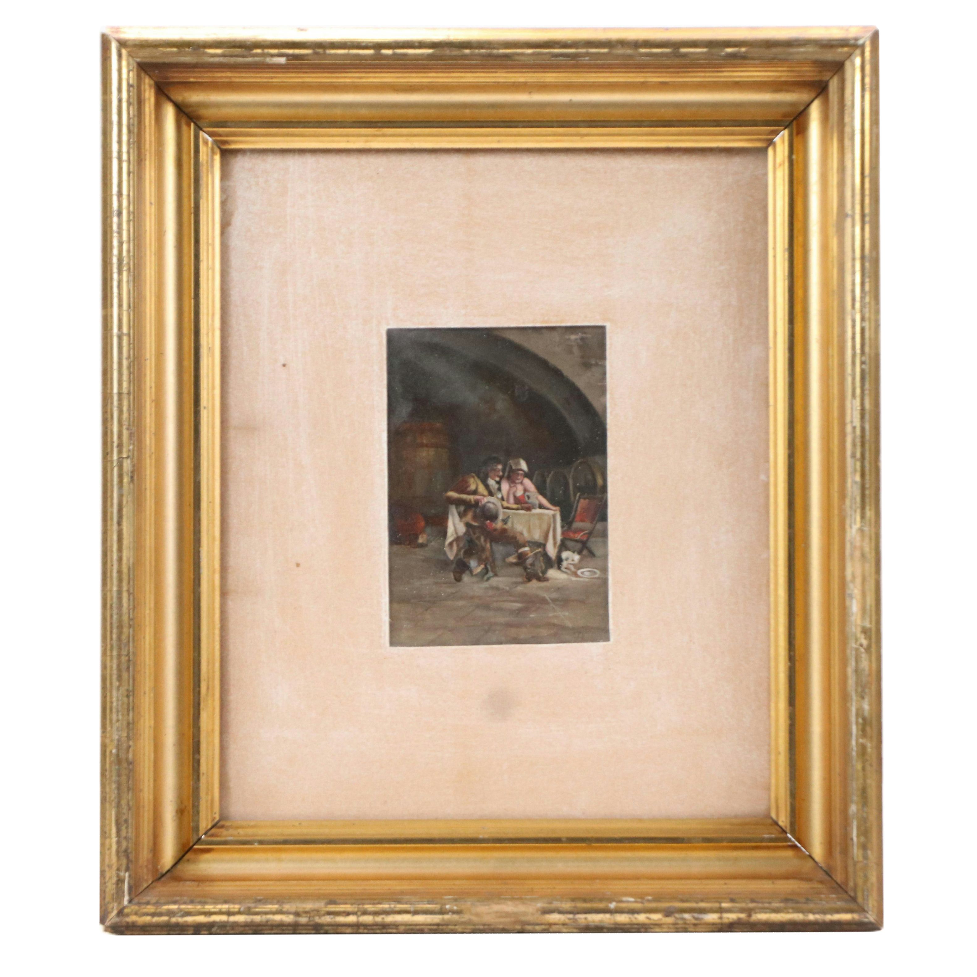 European School Tavern Interior Genre Oil Painting