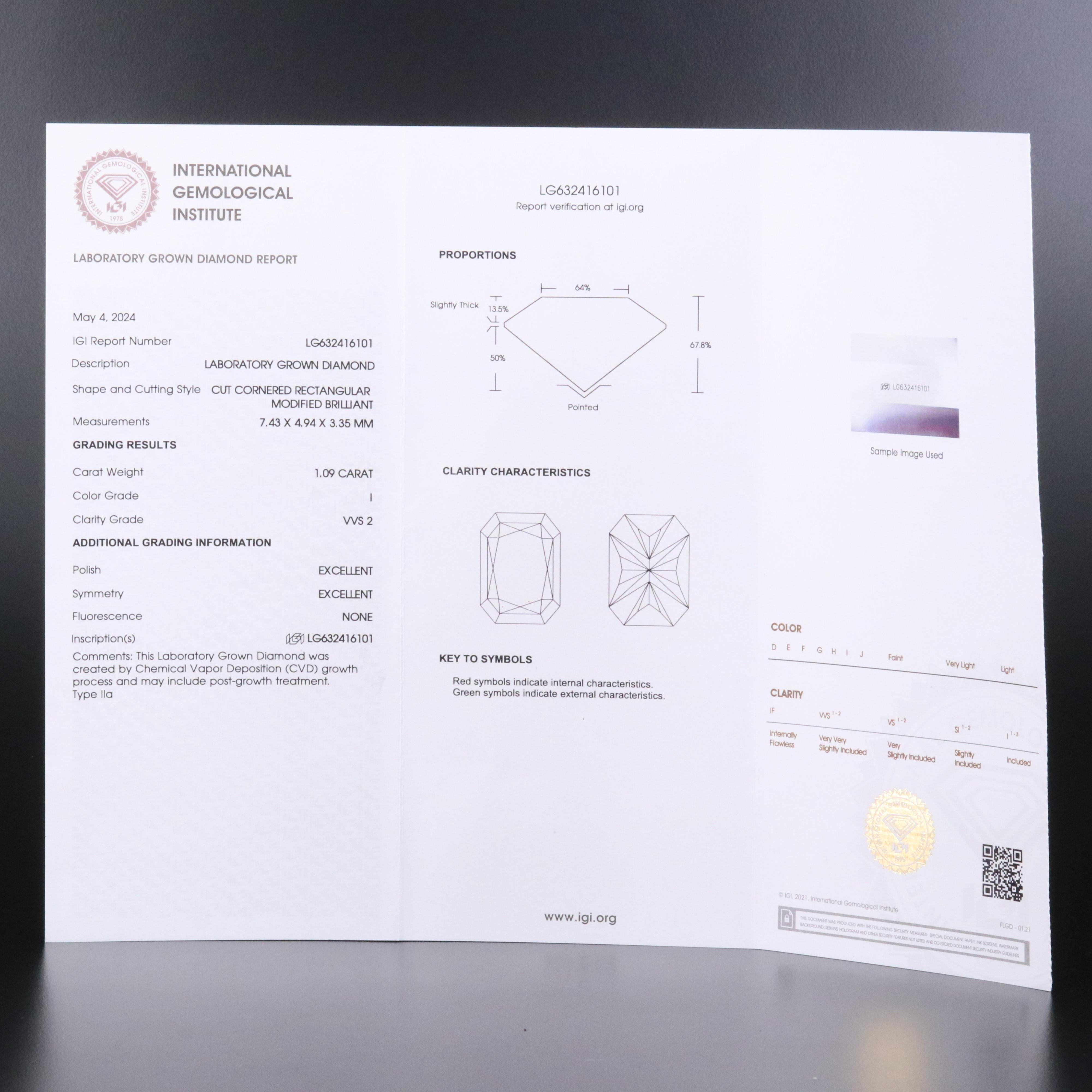 Loose 1.09 CT Lab Grown Diamond with IGI Report