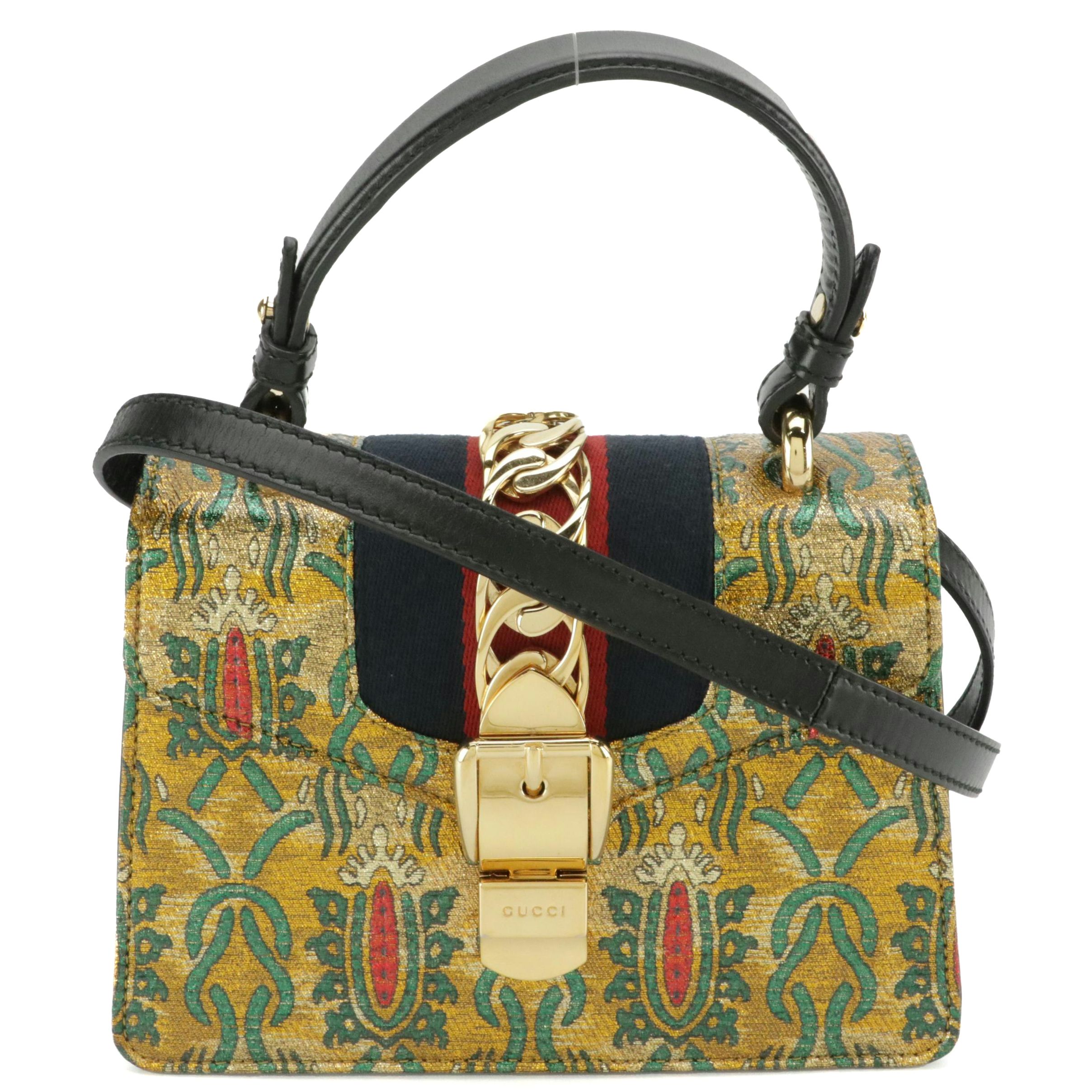 Gucci Sylvie Two-Way Bag in Metallic Brocade and Calfskin Leather