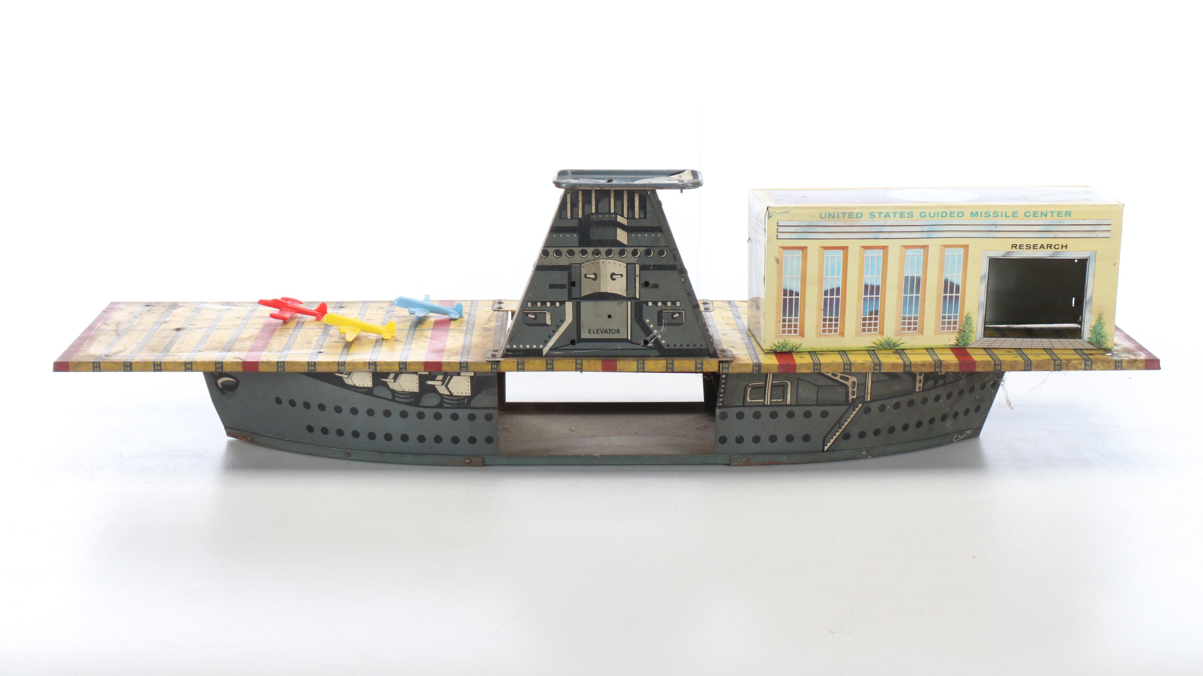 Vintage Marx Tin Litho Toy Service Station with Other Aircraft Carrier with Barn