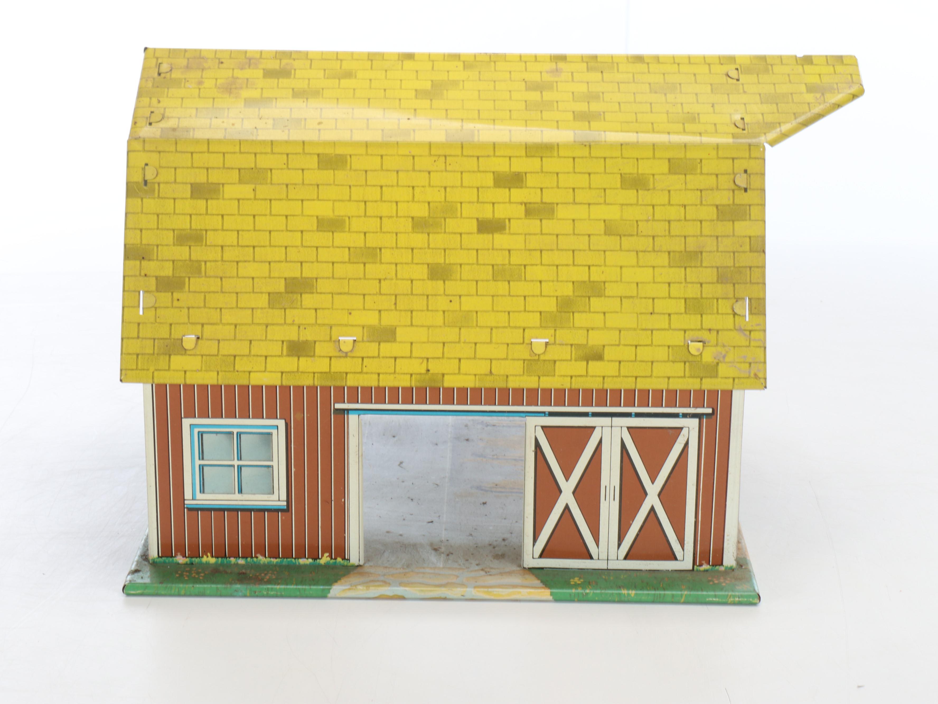 Vintage Marx Tin Litho Toy Service Station with Other Aircraft Carrier with Barn