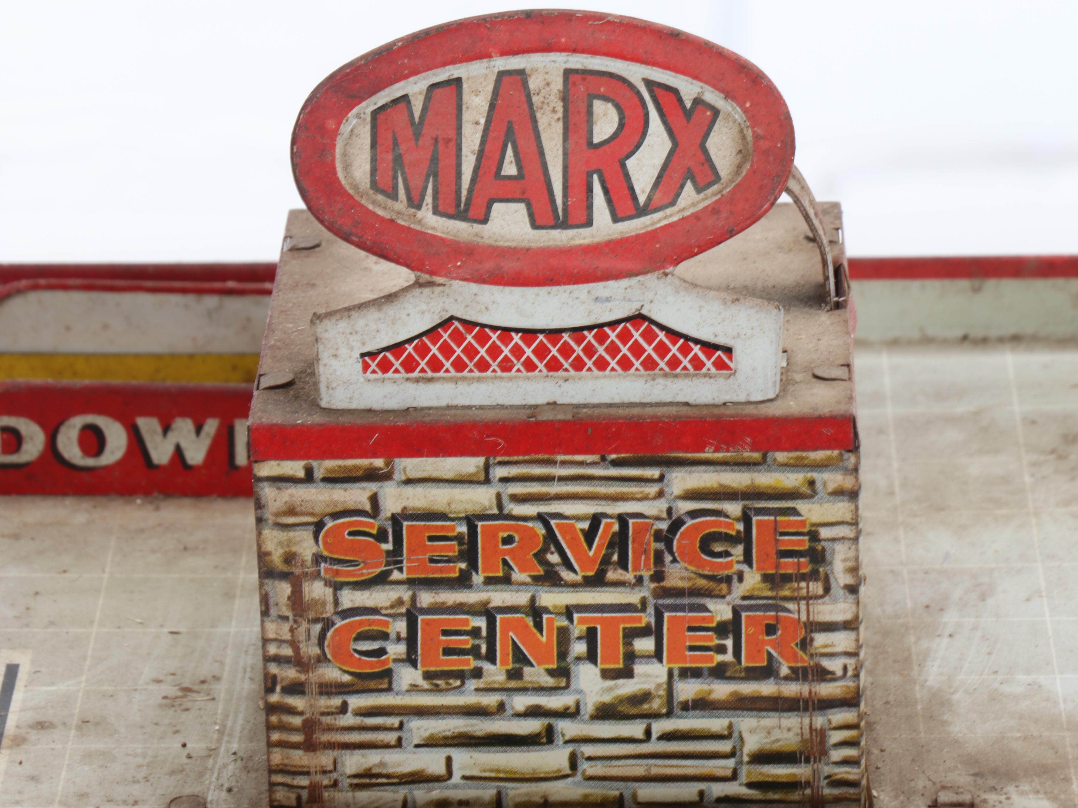 Vintage Marx Tin Litho Toy Service Station with Other Aircraft Carrier with Barn