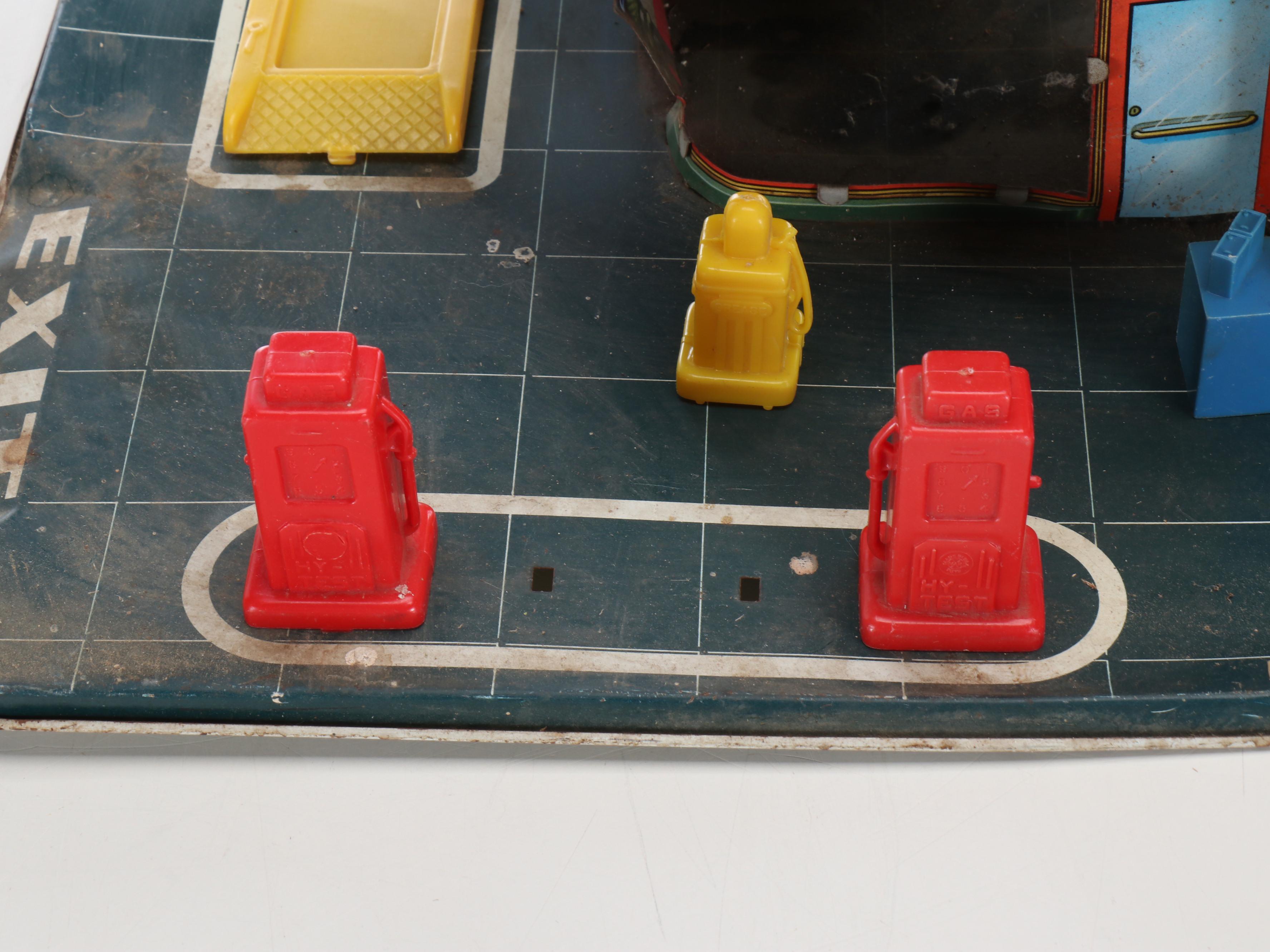 Vintage Marx Tin Litho Toy Service Station with Other Aircraft Carrier with Barn