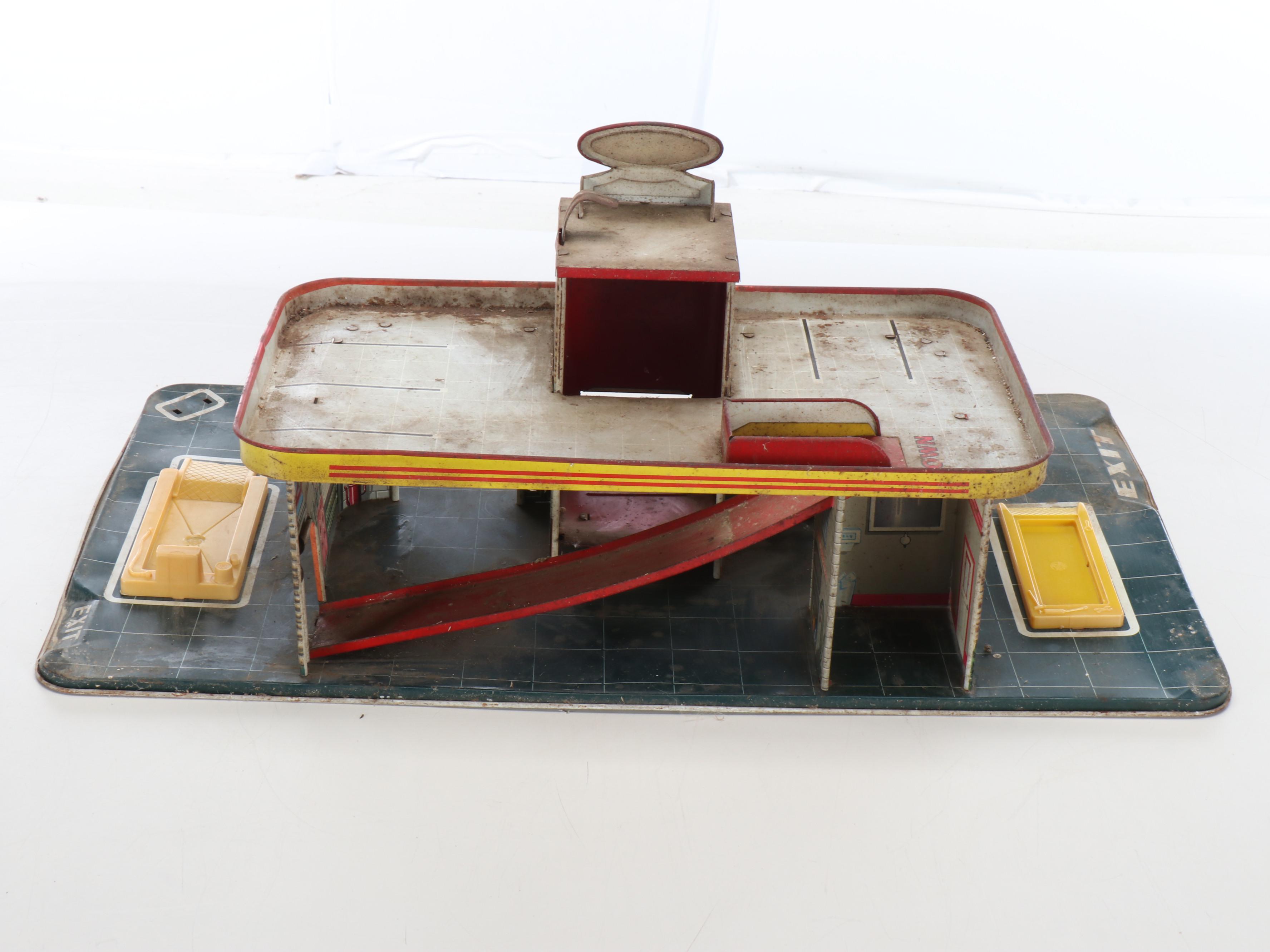 Vintage Marx Tin Litho Toy Service Station with Other Aircraft Carrier with Barn