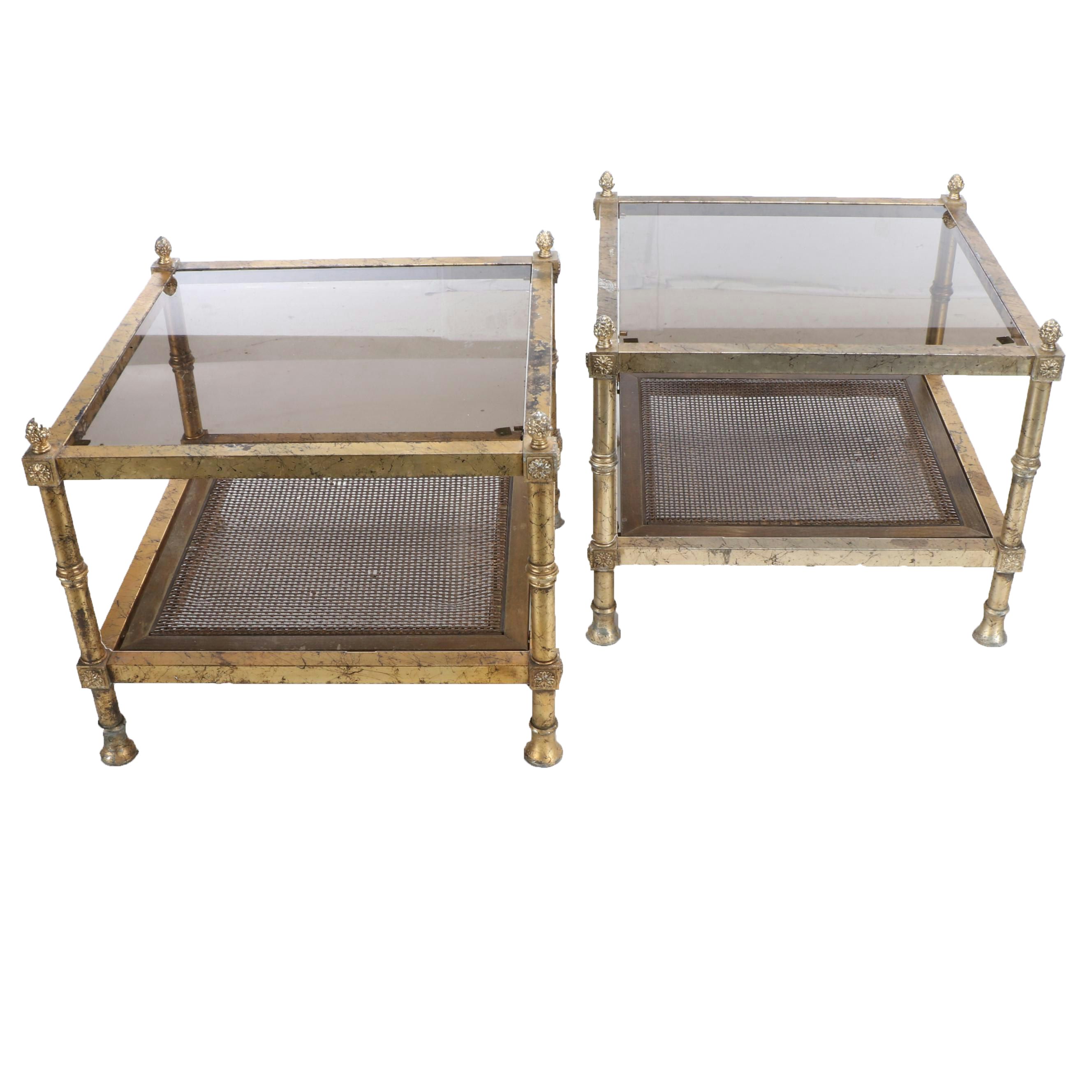 Maison Jensen  Regency Style Gilt Finish and Wicker Glass Top Side Tables
