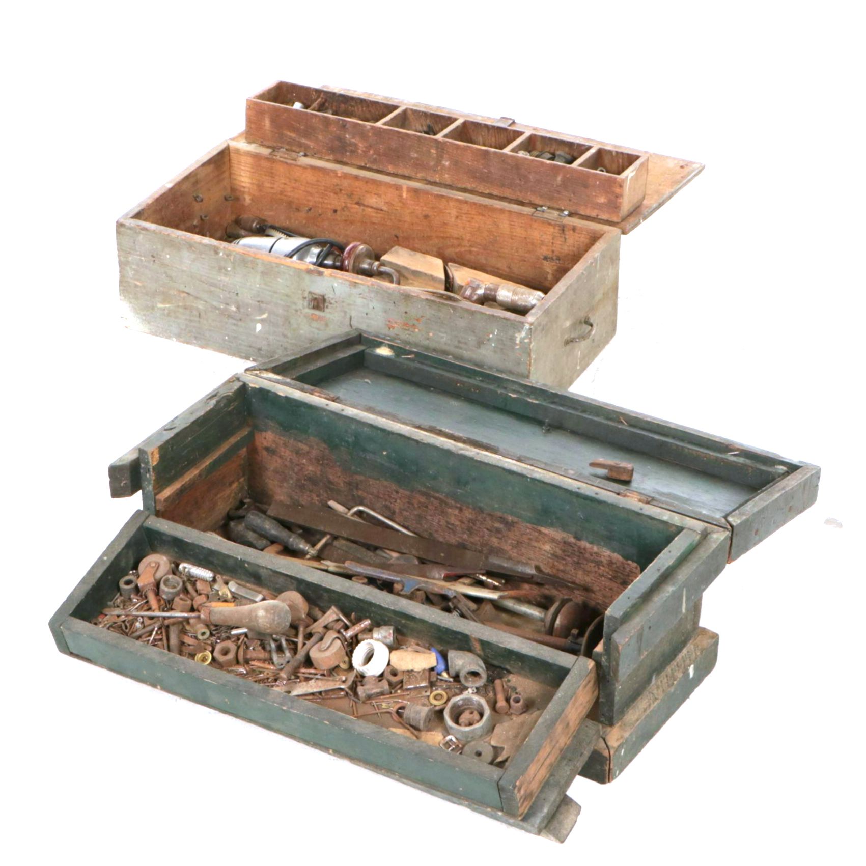 American Primitive Painted Wooden Tool Chests with Assorted Tools