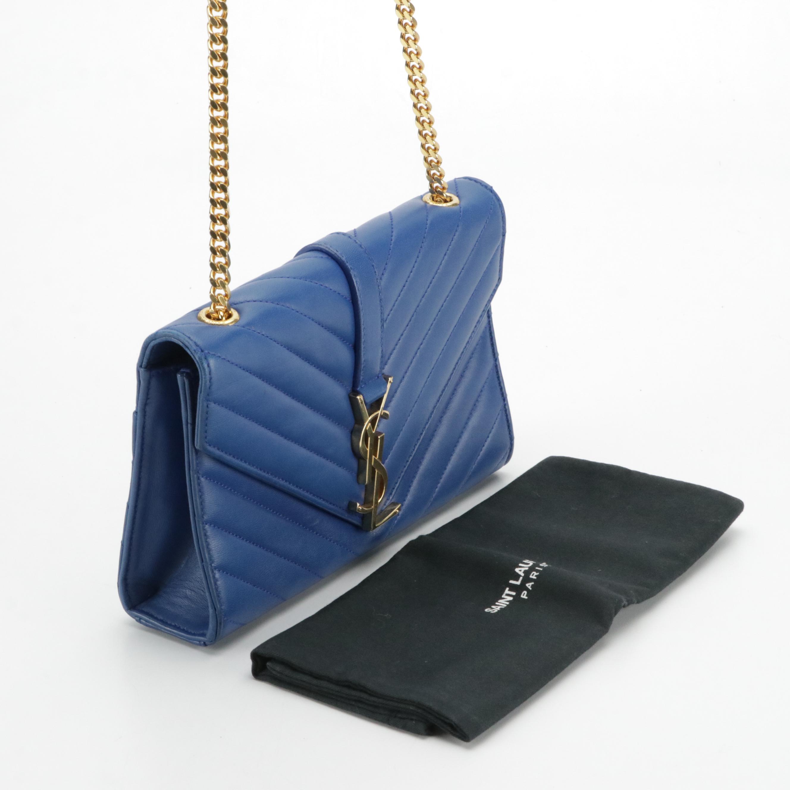 Saint Laurent Envelope Flap Crossbody Bag in Royal Blue Chevron Quilted Calfksin