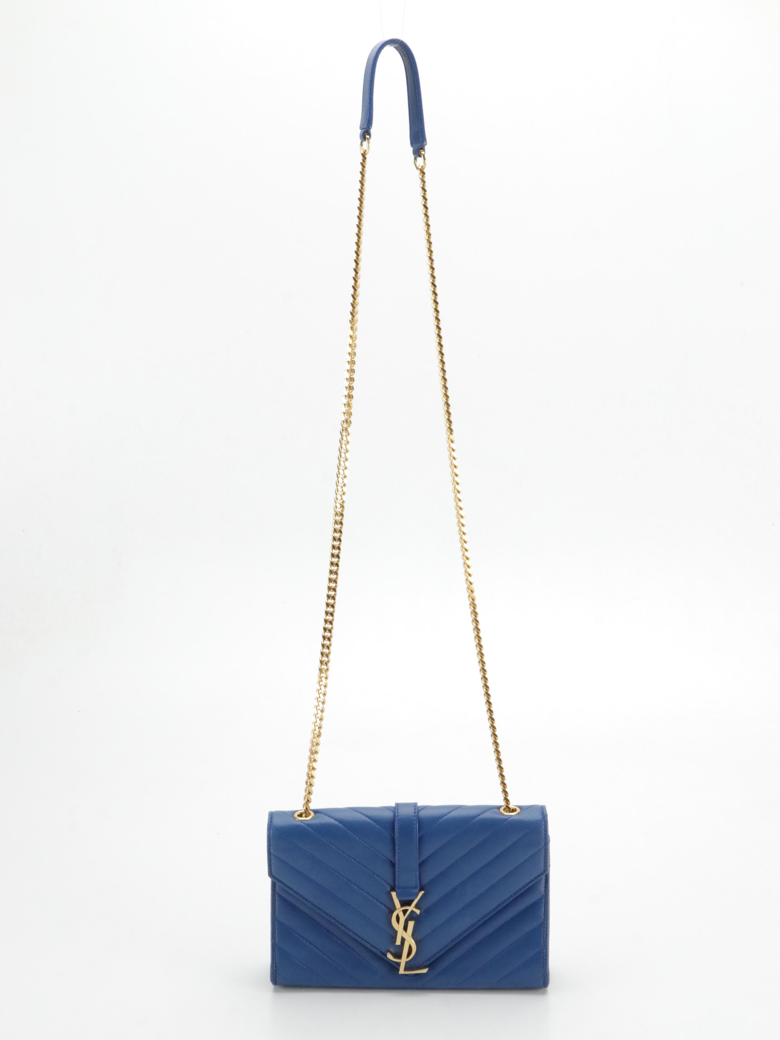 Saint Laurent Envelope Flap Crossbody Bag in Royal Blue Chevron Quilted Calfksin