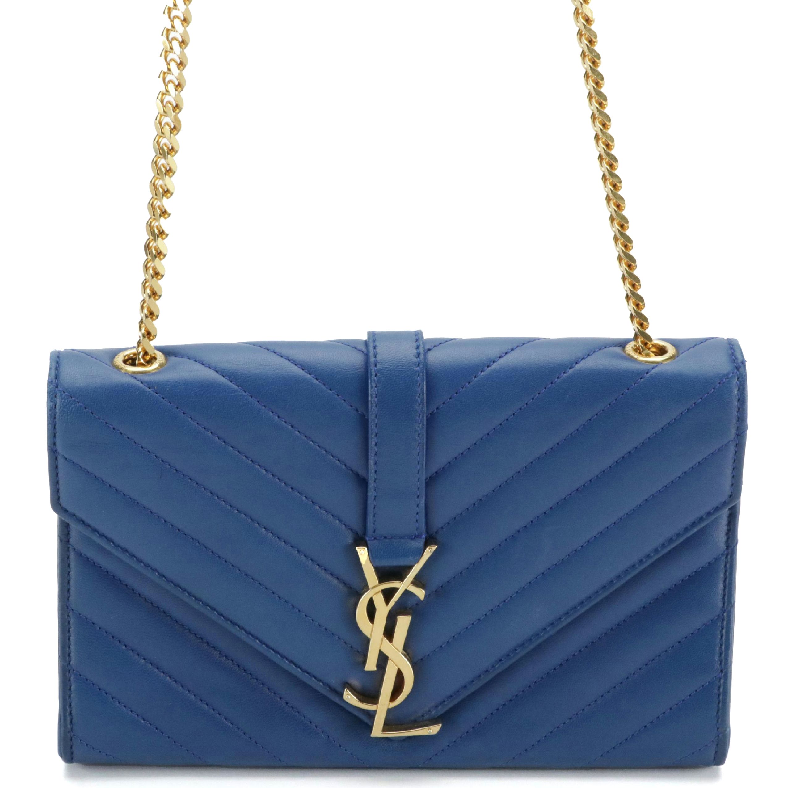 Saint Laurent Envelope Flap Crossbody Bag in Royal Blue Chevron Quilted Calfksin