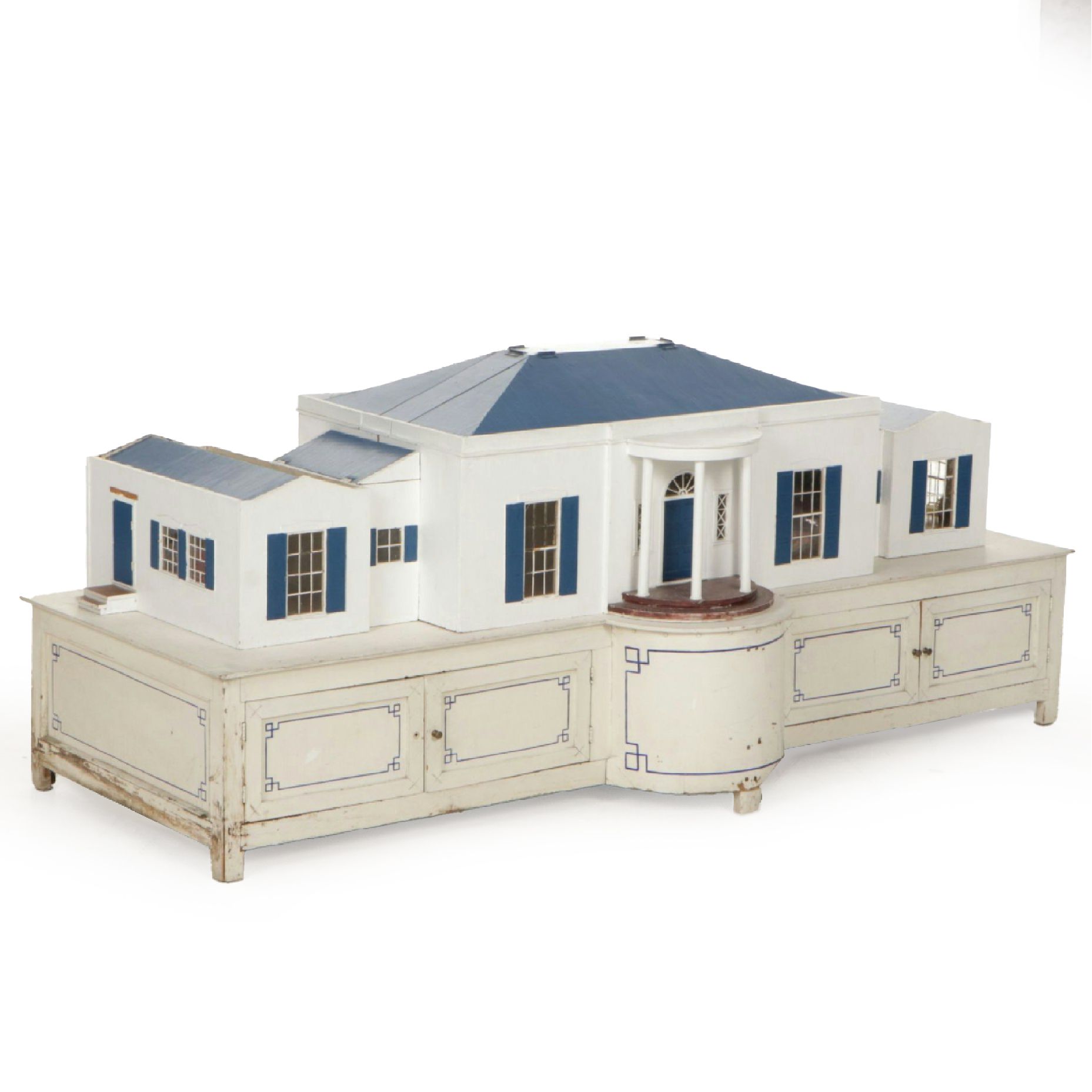 Furnished White and Cobalt Painted Wooden Dollhouse with Storage Cabinet Base