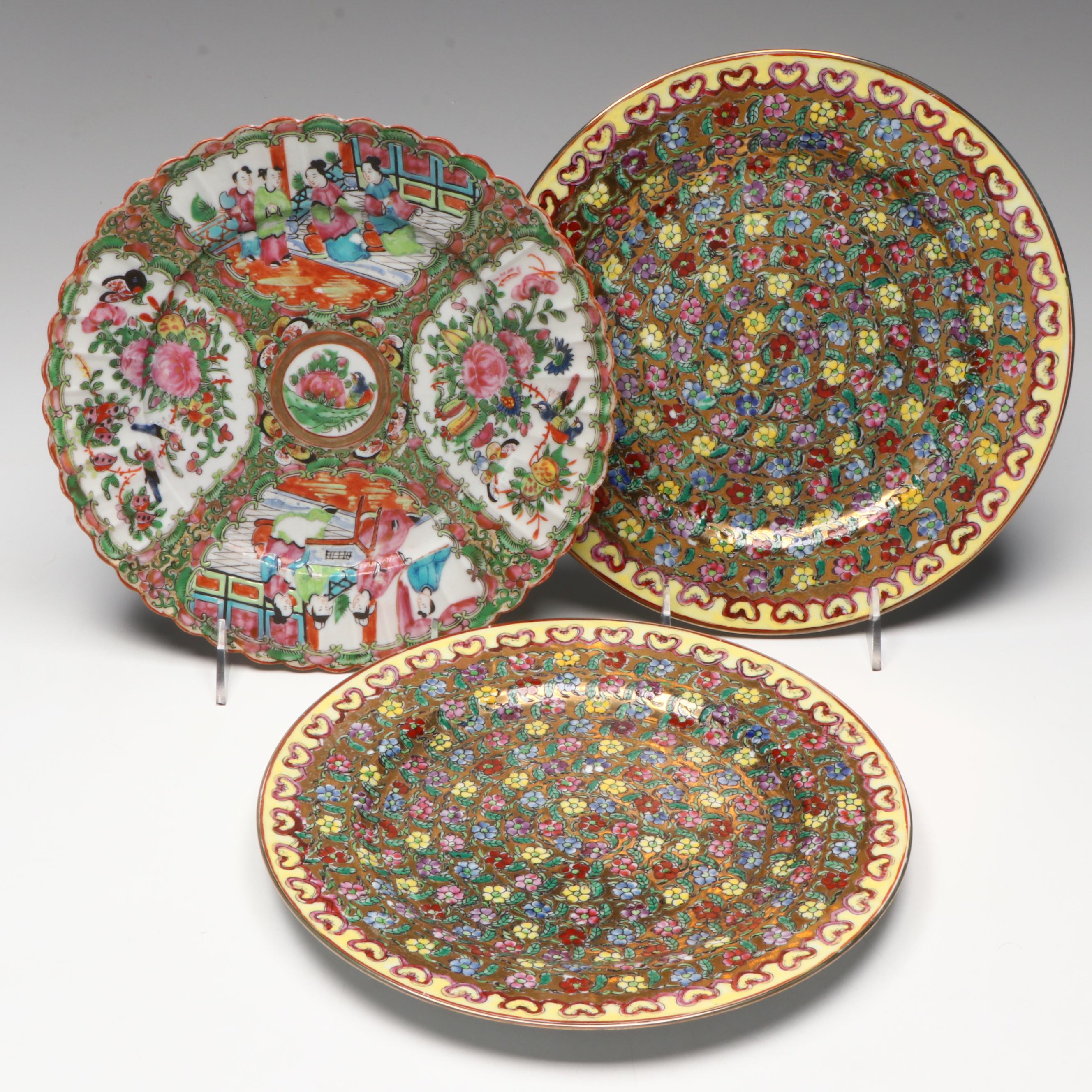 Antique Chinese Export Qing Dynasty Rose Medallion and Floral Porcelain Plates