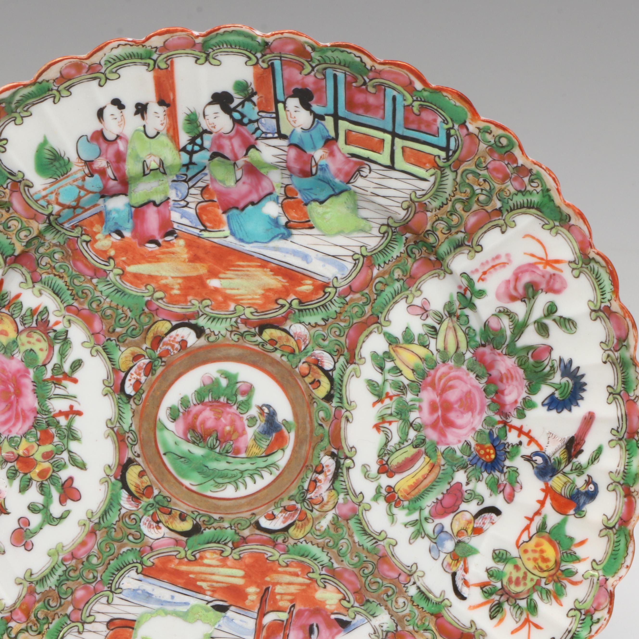 Antique Chinese Export Qing Dynasty Rose Medallion and Floral Porcelain Plates