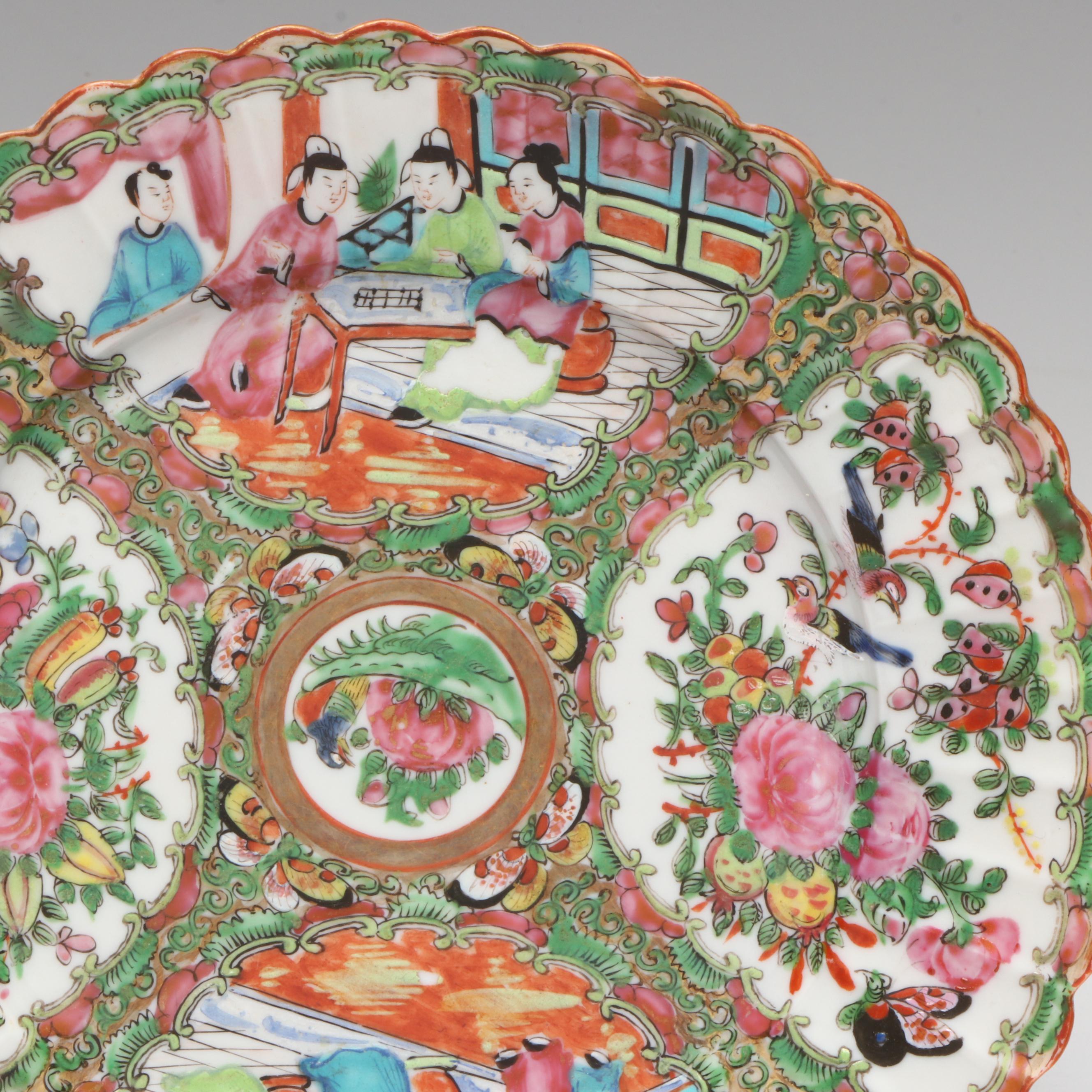 Antique Chinese Export Qing Dynasty Rose Medallion and Floral Porcelain Plates