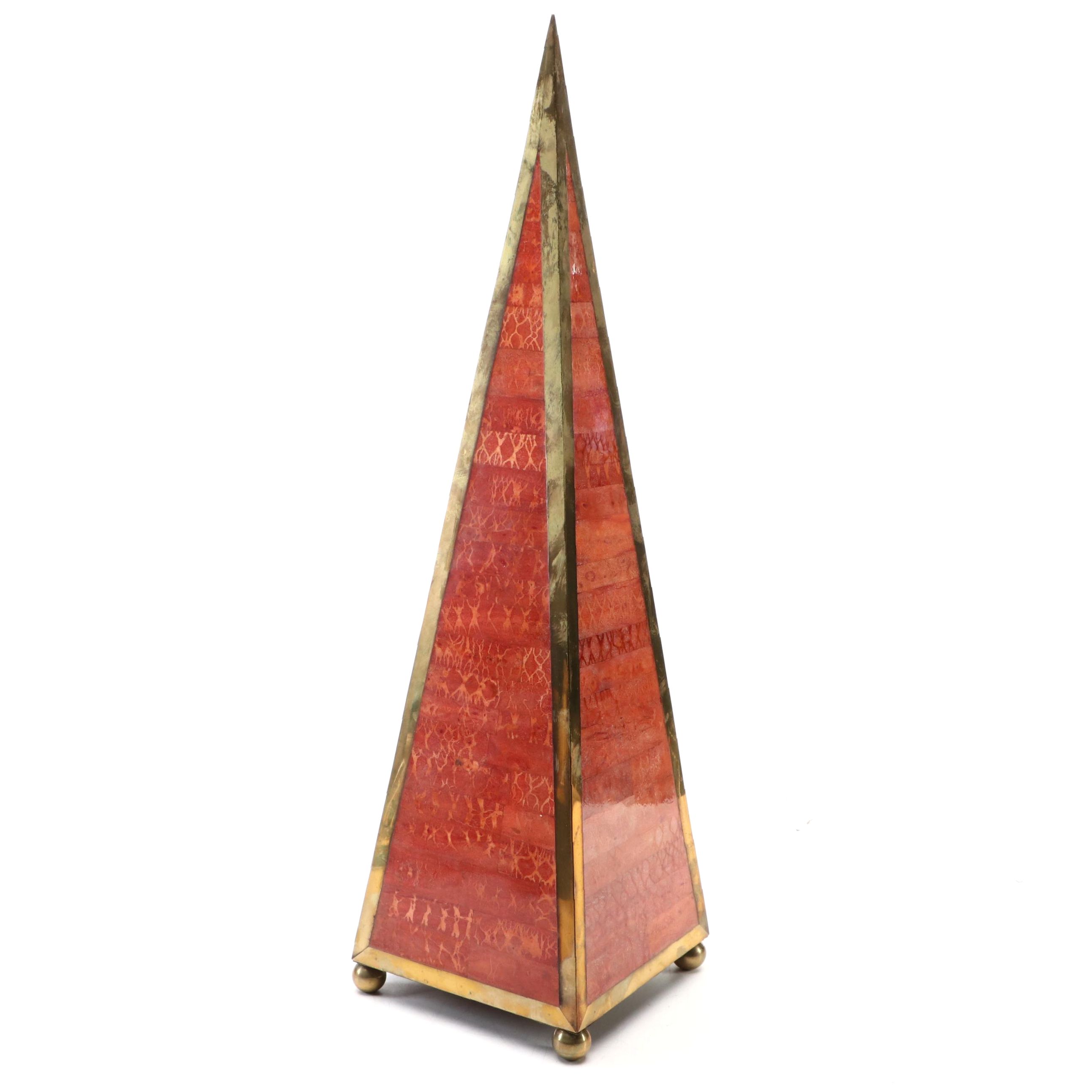 Maitland-Smith Brass Bordered Exotic Hardwood Obelisk