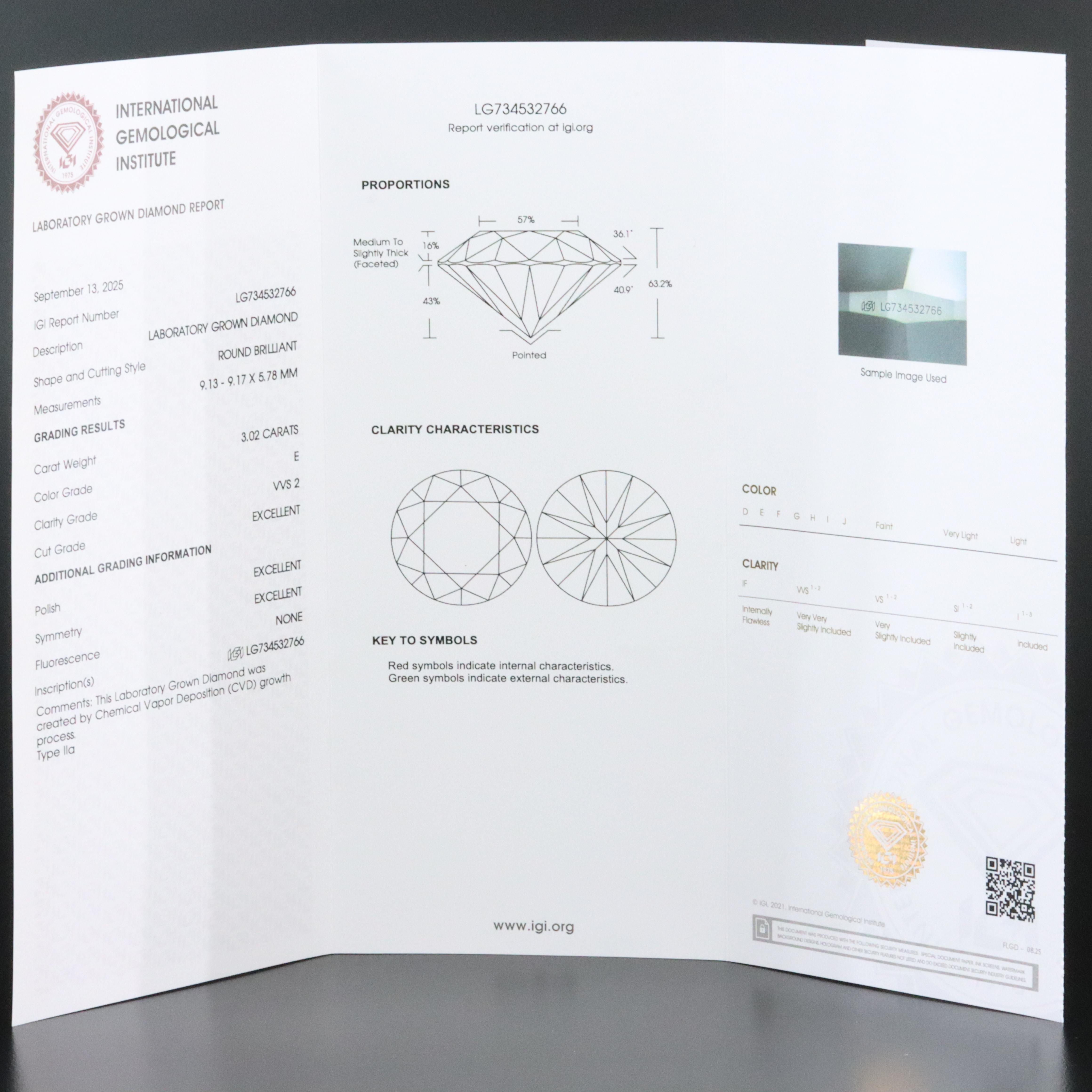 Loose 3.02 CT Lab Grown Diamond with IGI Report