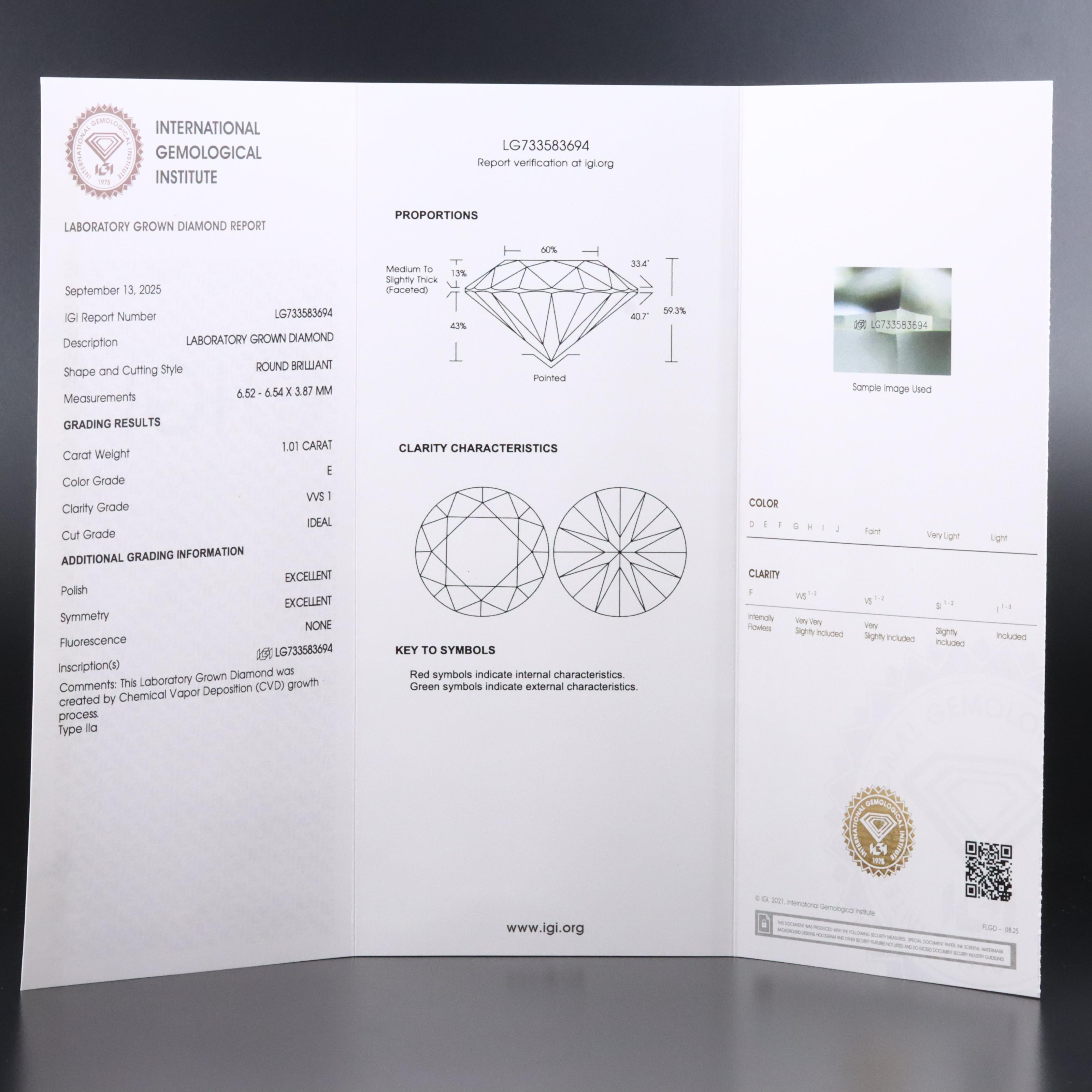 Loose 1.01 CT Lab Grown Diamond with IGI Report