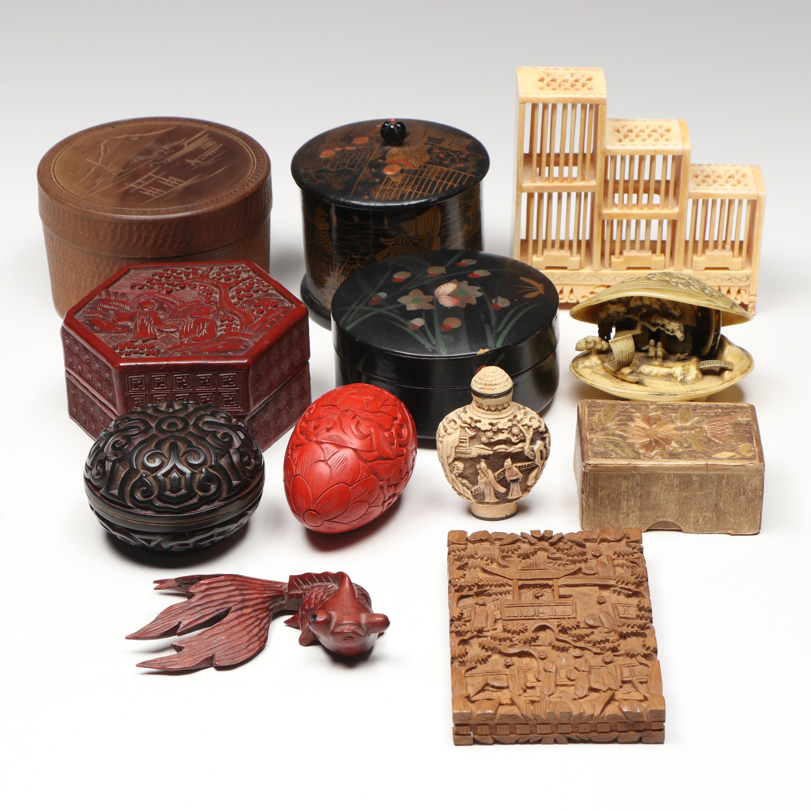 Chinese Celluloid Snuff Box, Chinese Bone Cricket Cage, and More Décor