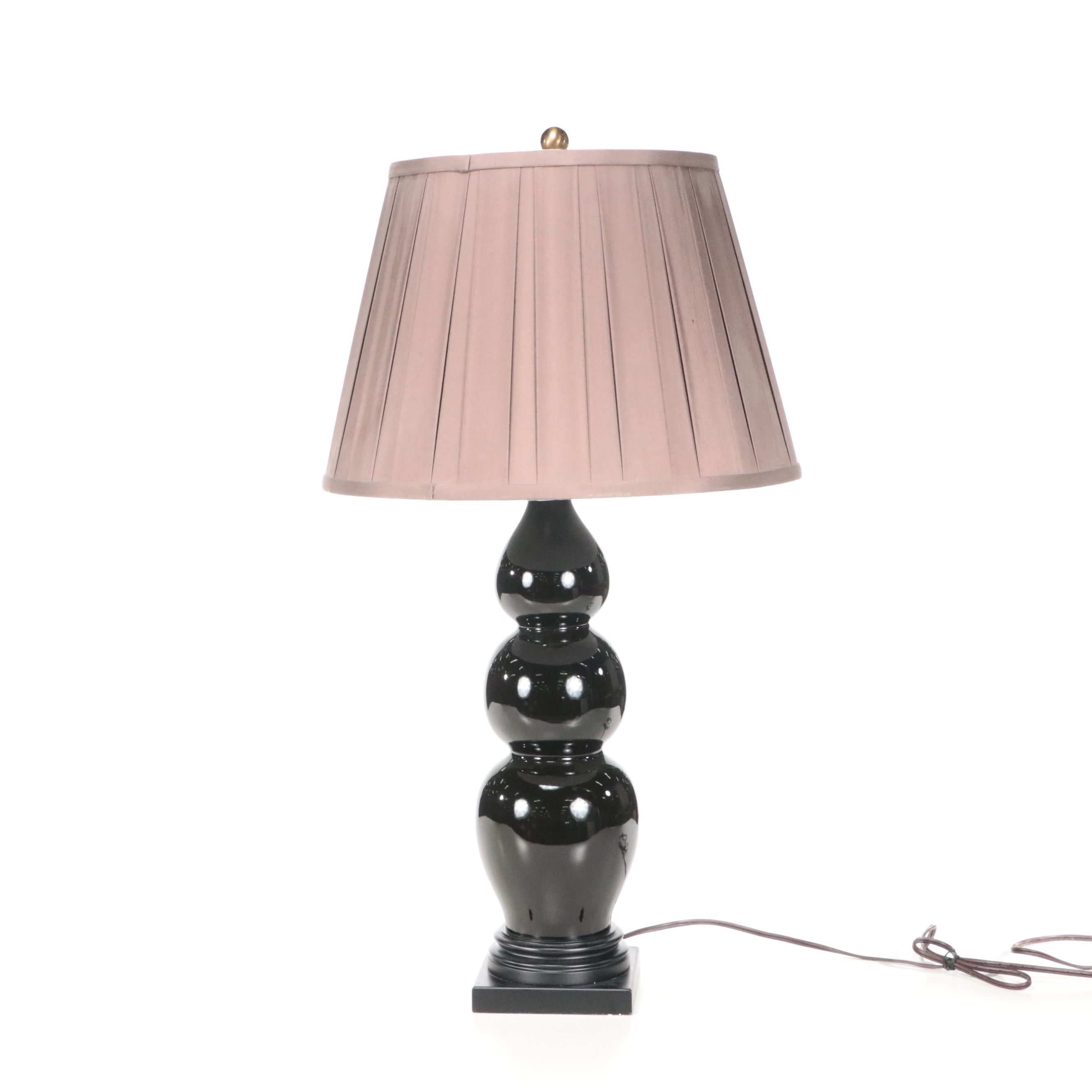 Triple Gourd Gloss Black Ceramic Lamps with Pleated Silk Shades, 2001