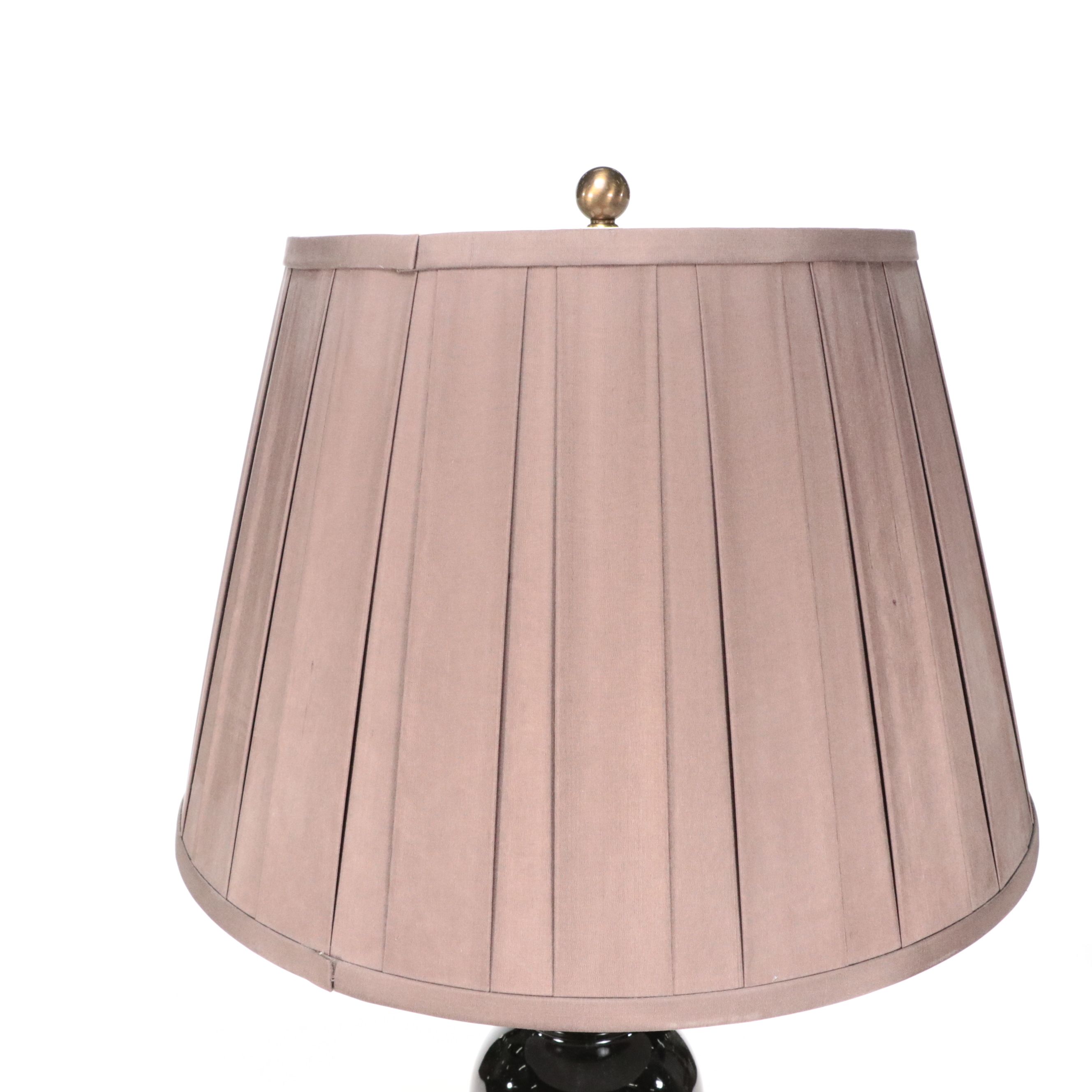 Triple Gourd Gloss Black Ceramic Lamps with Pleated Silk Shades, 2001