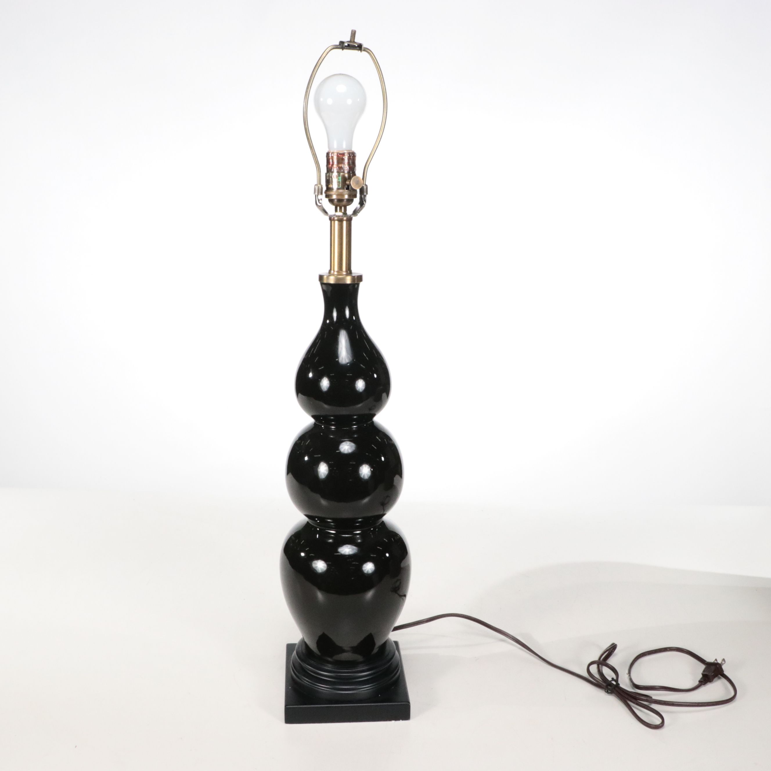 Triple Gourd Gloss Black Ceramic Lamps with Pleated Silk Shades, 2001