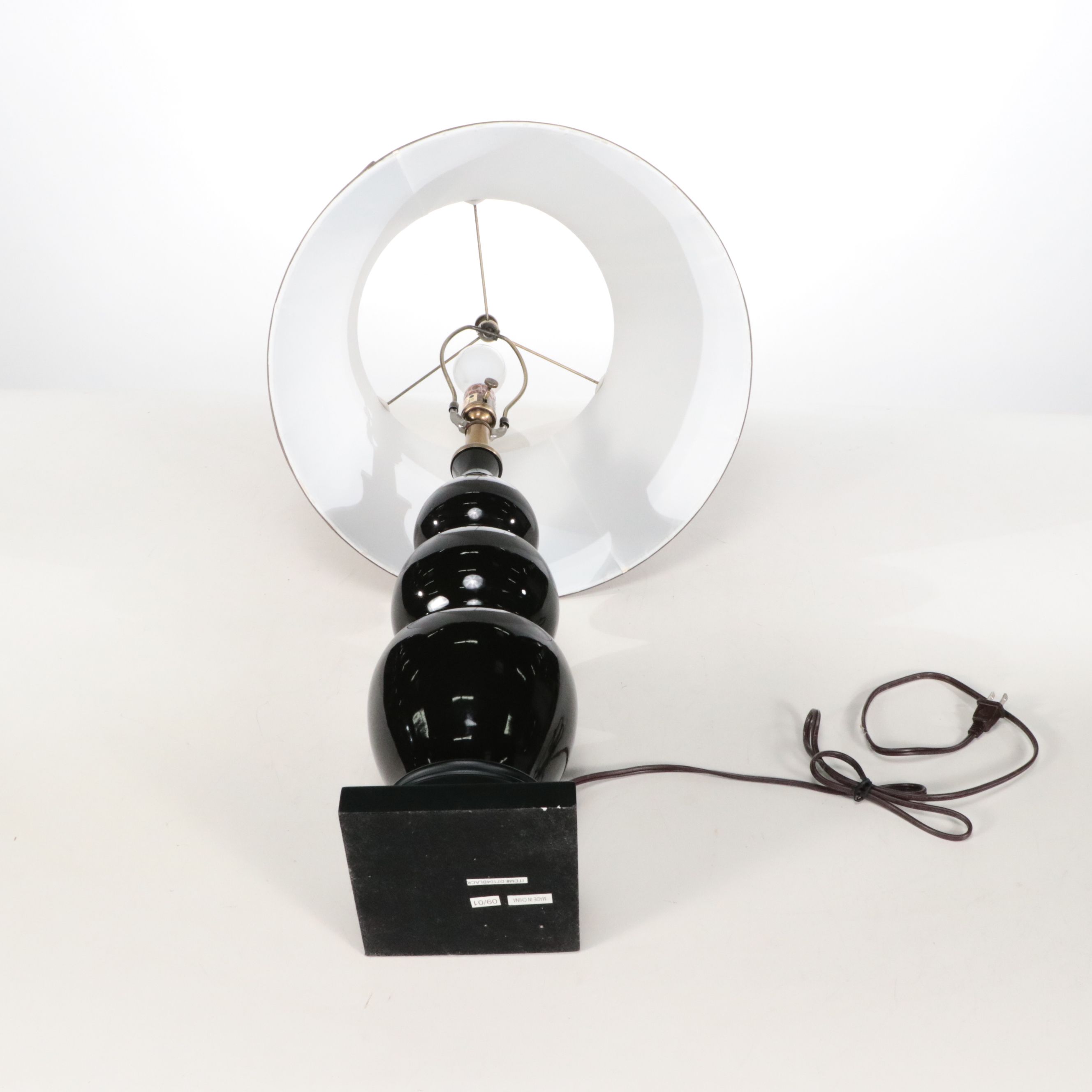 Triple Gourd Gloss Black Ceramic Lamps with Pleated Silk Shades, 2001