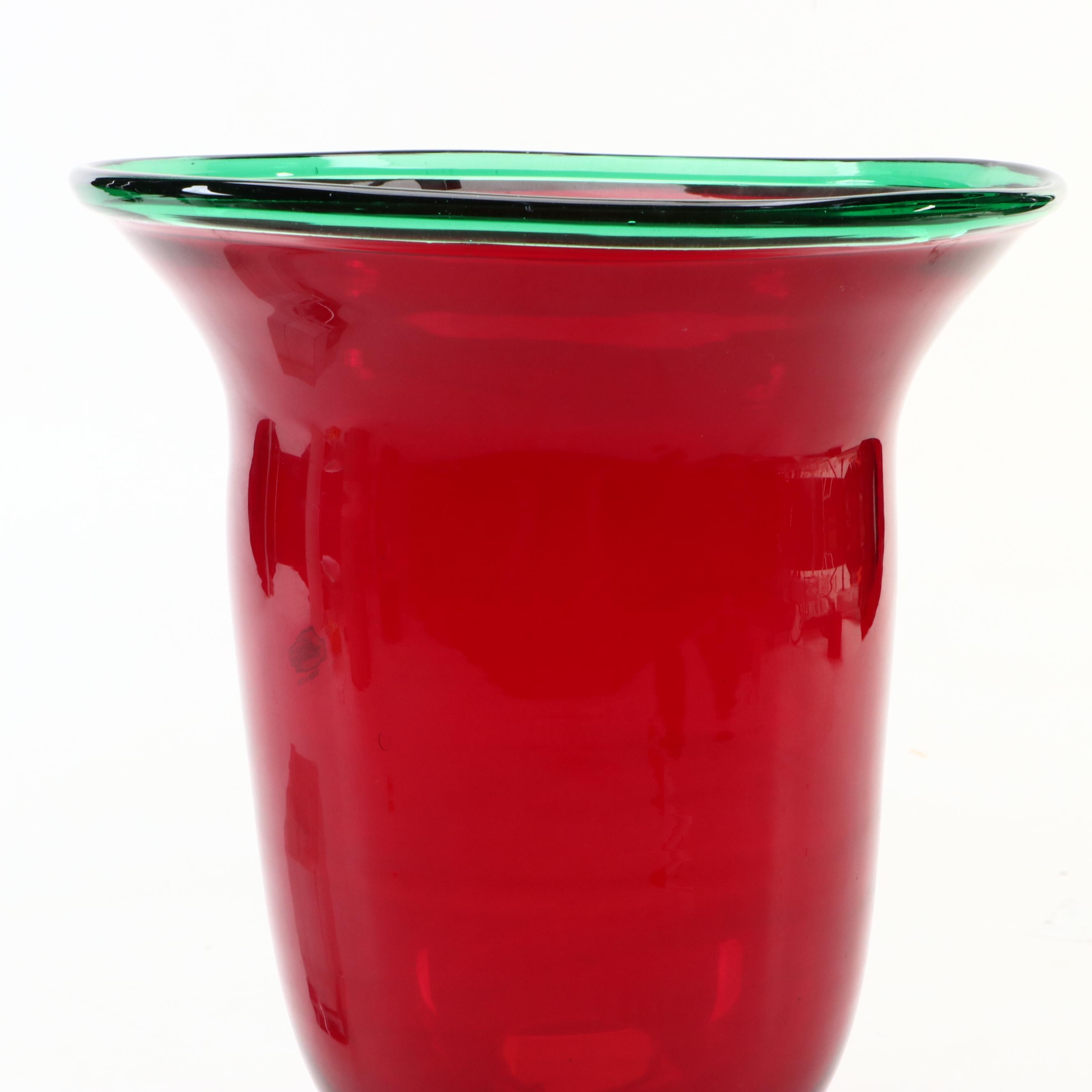 Blenko "Poinsettia" Green and Red Footed Glass Vase