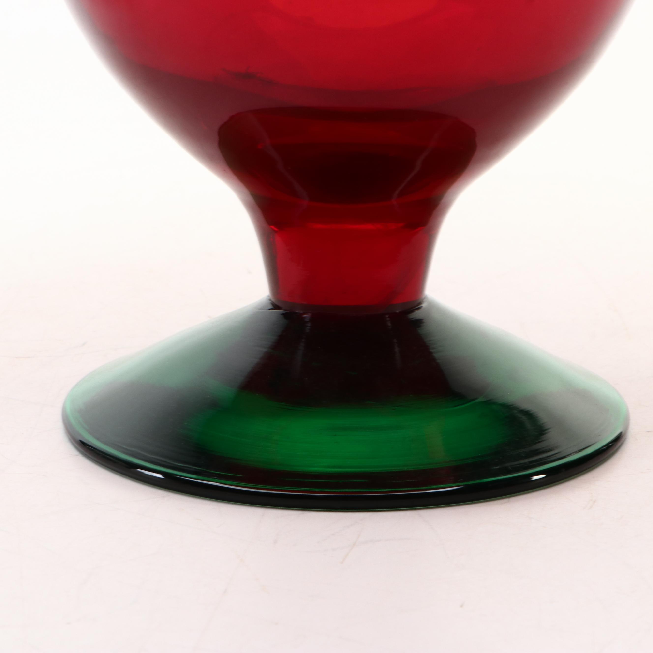 Blenko "Poinsettia" Green and Red Footed Glass Vase