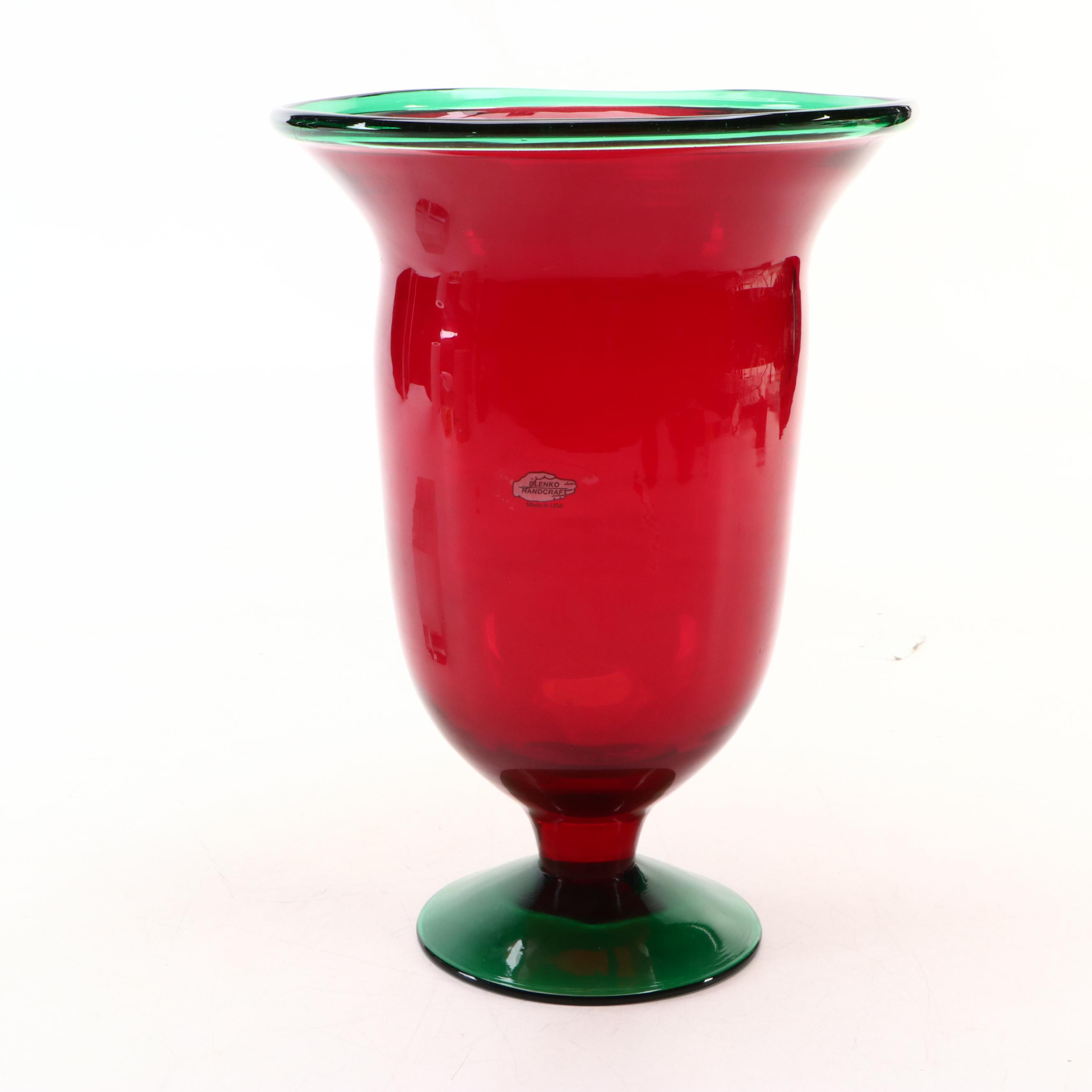 Blenko "Poinsettia" Green and Red Footed Glass Vase