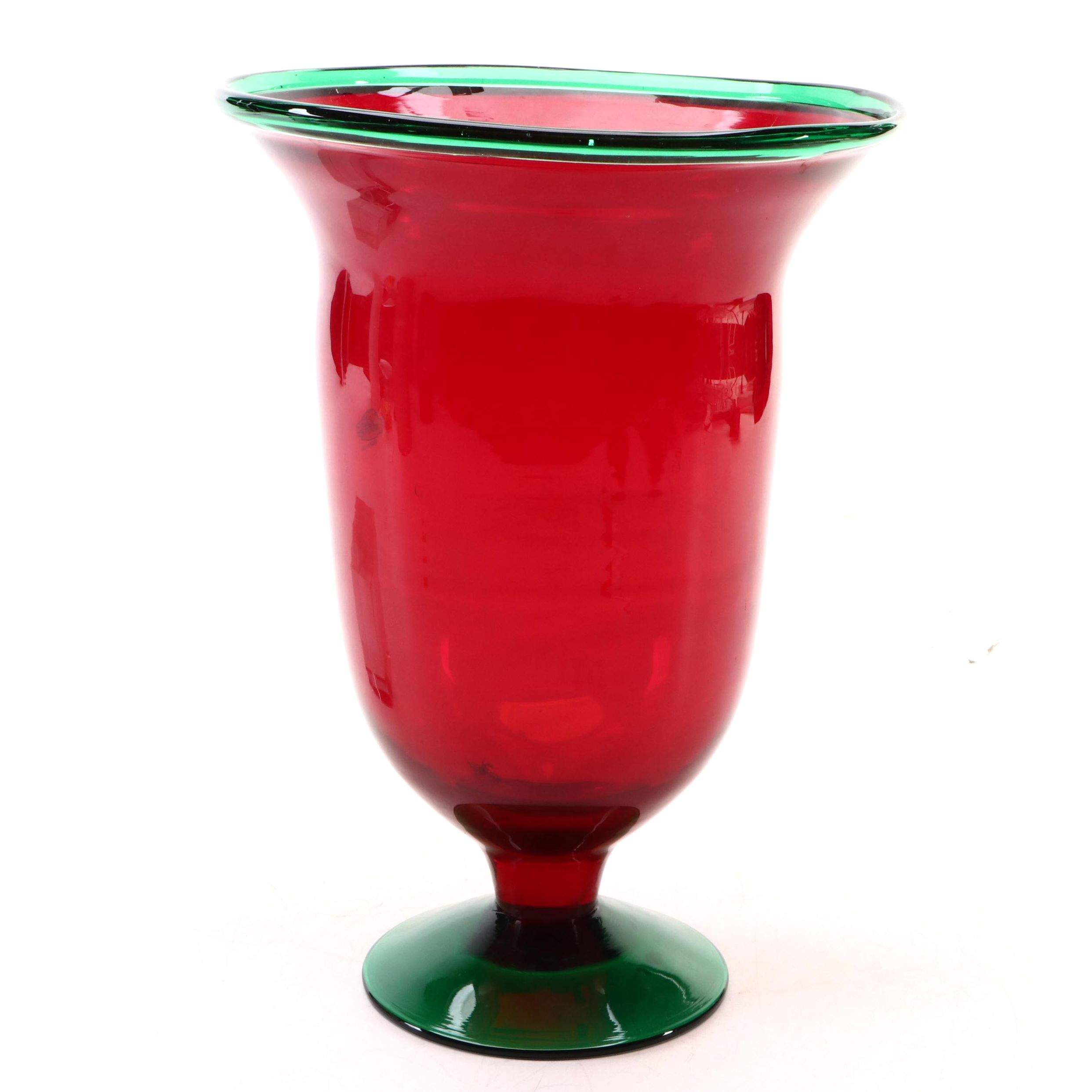 Blenko "Poinsettia" Green and Red Footed Glass Vase